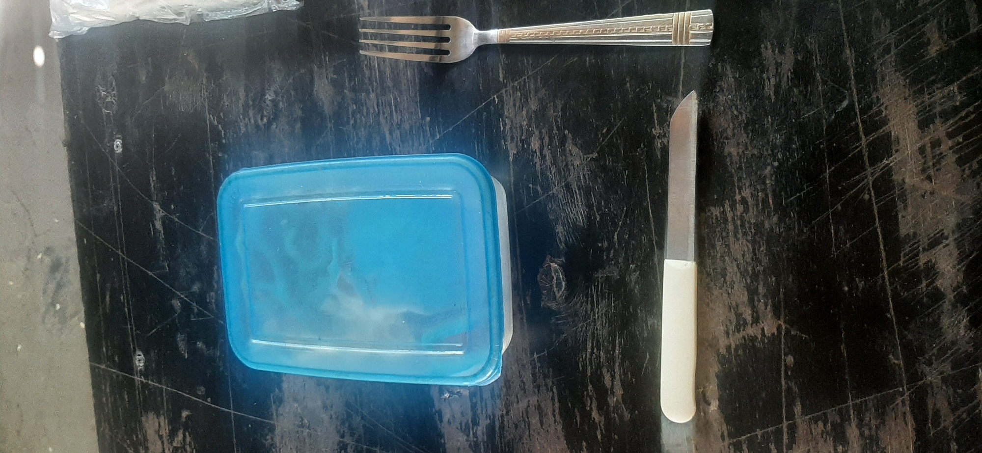 This media file shows a top-down view of cutlery and a food container placed on a dark, scratched surface, possibly a table. The subjects are a fork, a knife, and a rectangular blue plastic food container with a clear lid. The fork is made of metal and has a decorative pattern on its handle. The knife has a metal blade and a white handle. The food container appears to hold some white substance, though it is not clearly identifiable.
The scene is indoors, with the lighting suggesting it could be daytime, but no specific time can be determined. The surface the items are on has numerous scratches and scuffs, indicating it is likely an outdoor picnic table or a well-used indoor surface. There are no people visible, and the activity appears to be the preparation or storage of food.
The overall impression is one of practicality and everyday use. The location context of Yessentukskaya, Russia, does not provide any specific visual cues within the image itself. There is no visible text in the image.