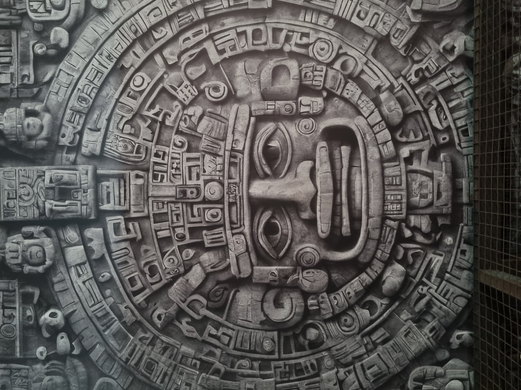 The image showcases a highly detailed, monochromatic relief sculpture, strongly reminiscent of an ancient Mesoamerican calendar stone or a deity carving. At its center is a stylized, anthropomorphic face with prominent, wide-open eyes, a distinct nose, and a rectangular mouth. This central figure is surrounded by multiple concentric rings, each meticulously carved with a dense array of unique glyphs, symbols, and intricate geometric patterns. These elements create a sense of depth and complexity, evoking a system of ancient iconography or symbolic script.
The sculpture appears to be made from stone or a stone-like material, rendered in various shades of gray, which accentuates its three-dimensional relief and texture. The lighting is consistent, highlighting the fine details and shadows across the surface.
On the far right of the image, a dark, wire mesh fence or grating is partially visible, suggesting the artwork might be part of an exhibit, a protected display, or an architectural feature within a building. There is no visible activity taking place; the image is a static close-up of the art piece. Given the location context of Kalamassery, India, this artwork likely serves as a decorative installation, a replica, or an homage to ancient global cultures rather than an indigenous artifact.