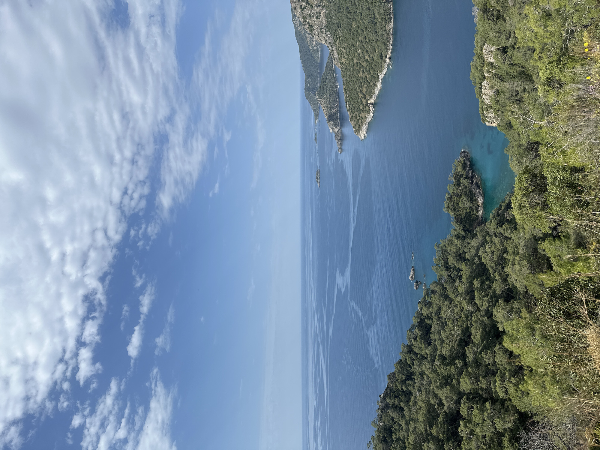 The image captures a scenic view in Fethiye, Turkey, oriented vertically. A blue sky, partially filled with scattered white clouds, occupies the left half of the image. The right half showcases a body of water, potentially the Mediterranean Sea, appearing dark blue with lighter streaks suggesting wave patterns. The shoreline is adorned with lush green vegetation, indicating dense forestation. Small, rocky land formations extend into the water. Yellow flowers can be seen in the right side of the image. The general impression is one of a coastal landscape under a clear sky.