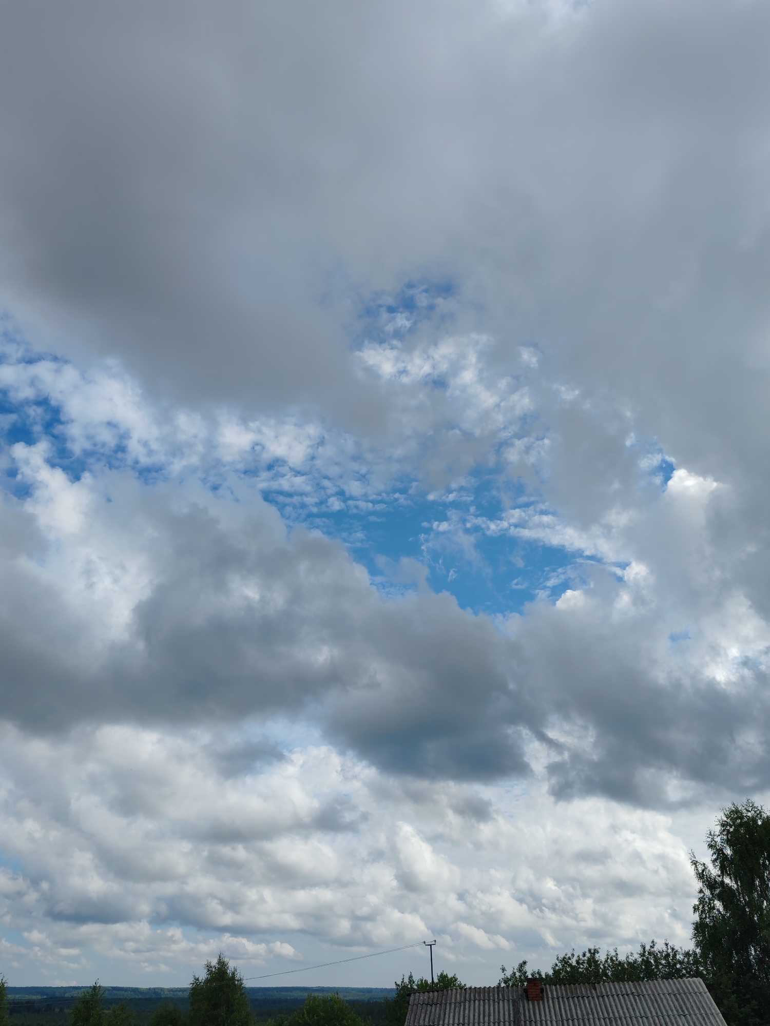 The image depicts a view of the sky from a rural setting, likely on a cloudy day. The sky is filled with a mixture of gray and white clouds, with patches of blue sky visible in between. In the foreground, the roof of a house is visible, constructed with corrugated material. Trees and a distant landscape of foliage can be seen along the horizon. A utility pole with wires is also present. The overall scene suggests a natural environment with a human dwelling. The location of Чухлэм, Russia is specified, indicating a rural or semi-rural area within that region. There are no people or animals visible in the image.