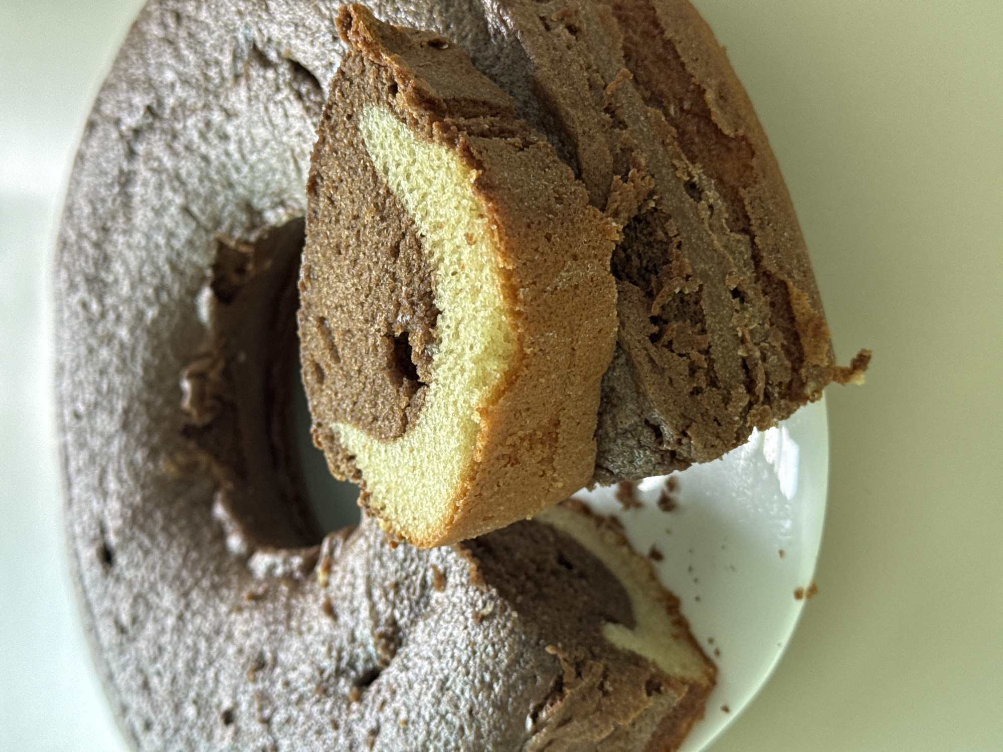 A marble cake, partially sliced, sits on a white plate. The cake is a ring shape with a mix of light and dark batter creating a marbled effect. Several slices have been removed from the cake. The surface is coarse and slightly cracked. The cake rests on a white plate, which itself is on a plain, light surface. The image appears to be taken from above. There is no evidence to place this image in the city of San Bernardino Tlaxcalancingo, Mexico.