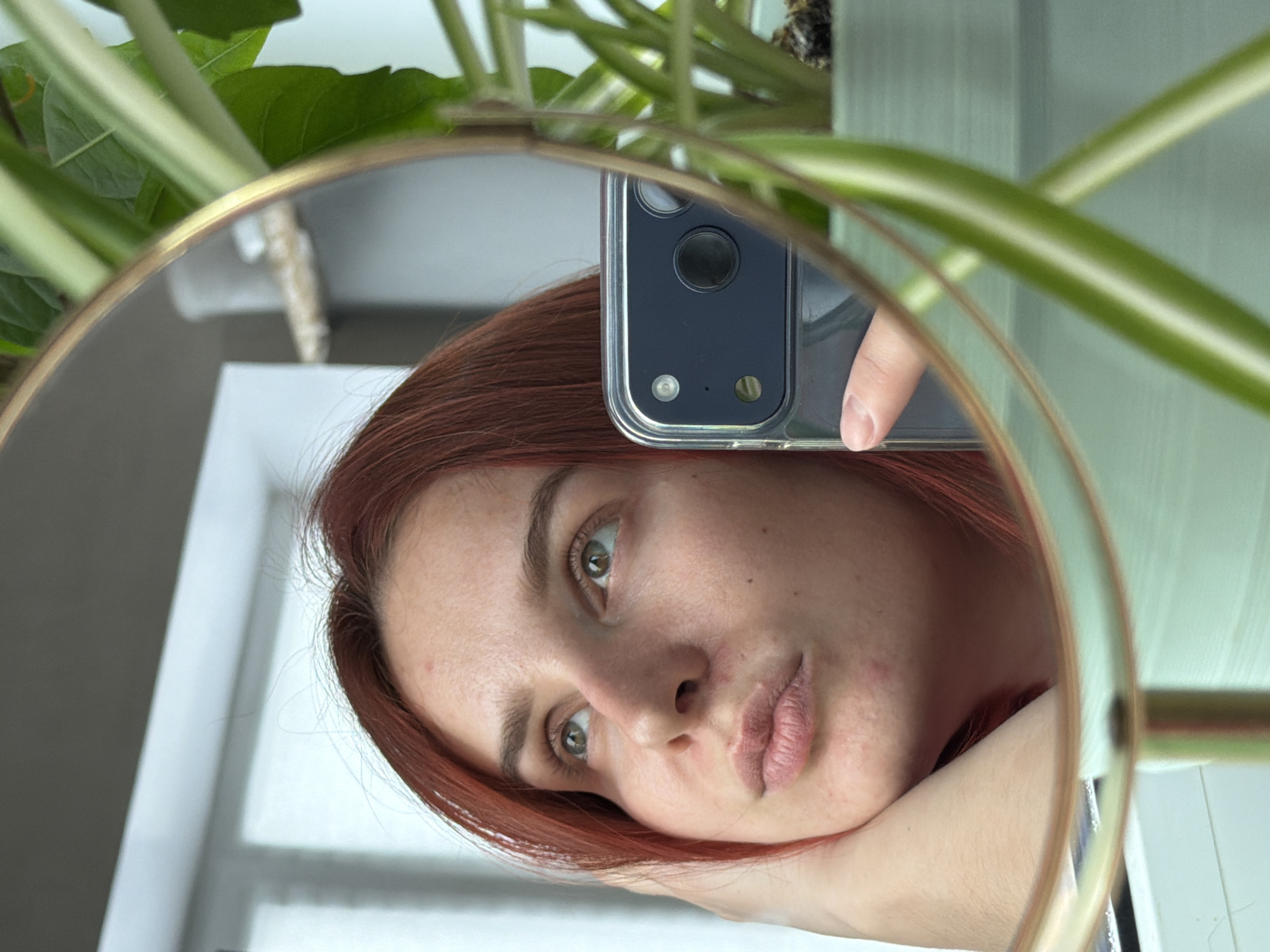 A selfie of a person with red hair, taken in a circular mirror. The person's face is close to the mirror, with their chin resting on their hand. A smartphone is visible in the upper portion of the mirror, presumably used to take the photograph. A plant with green and white striped leaves is positioned behind the mirror. Based on the surrounding elements and context, the location of this photograph is unknown and not verifiable as Chaikovsky, Russia.
