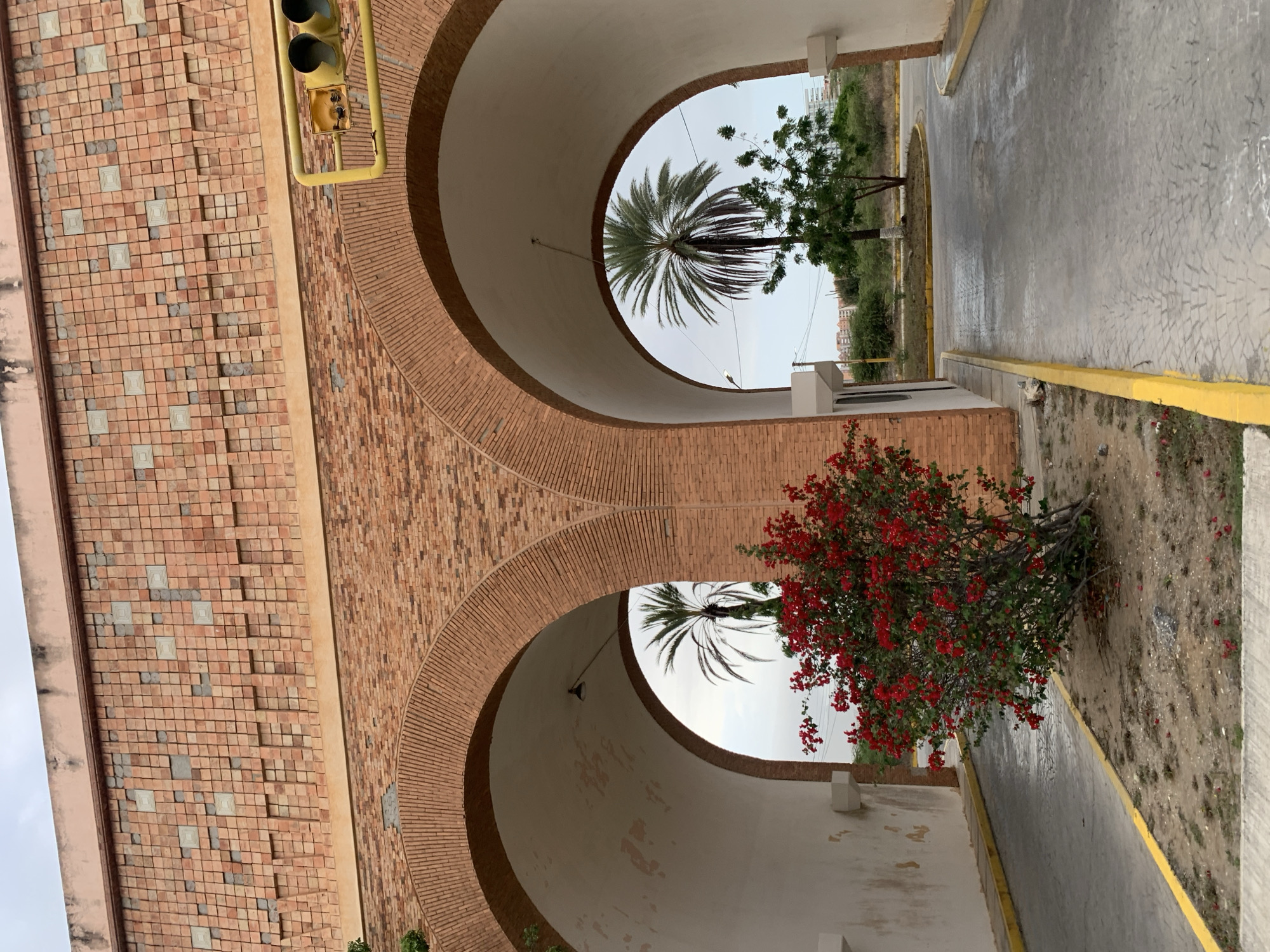 The image, rotated counter-clockwise, presents an outdoor architectural scene in Porlamar, Venezuela, characterized by two prominent, rounded archways. These archways are constructed from reddish-brown bricks, with their interior surfaces painted a light off-white. To the left, a textured brick wall with a distinctive pattern of varied brick sizes and lighter square inlays adds visual interest.
Through the upper archway, a large palm tree with lush green fronds is clearly visible against a soft, light grey sky, suggesting an overcast day or muted light. Other green trees and distant buildings can be seen in the background. The lower archway frames a vibrant bush covered in numerous small red flowers, likely bougainvillea, which adds a splash of color to the scene.
A paved pathway or road, appearing somewhat damp, runs along the right side of the image, bordered by bright yellow curbs. A yellow traffic light fixture is partially visible in the upper left corner, attached to the brickwork. The overall setting depicts a tranquil, tropical passage or courtyard area. No people or explicit activities are taking place, and no text is visible.