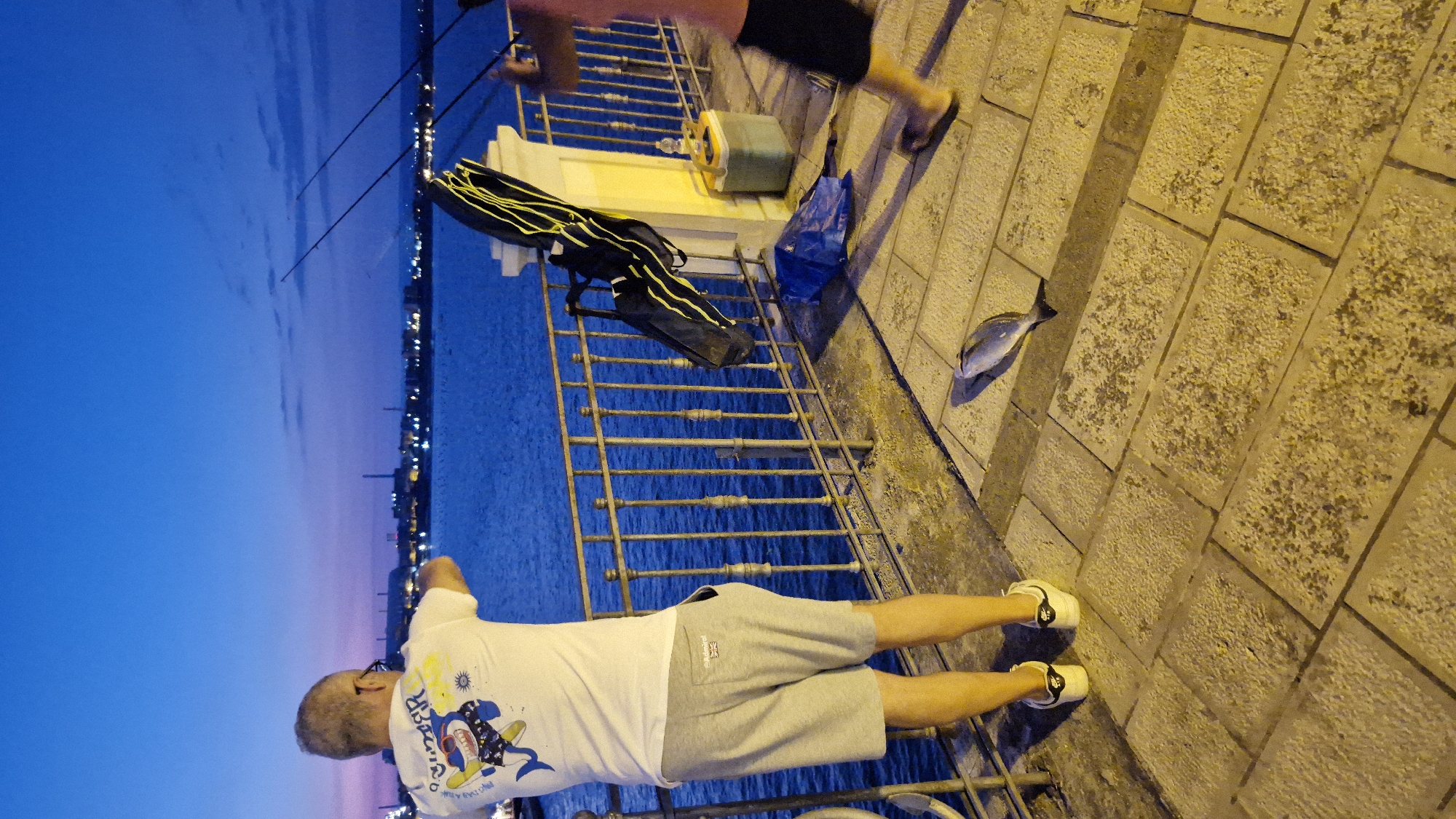 In an outdoor setting at dusk, a man stands with his back to the camera on a tiled walkway next to a body of water. He is wearing a white t-shirt with a graphic print, grey shorts, and white sneakers. He appears to be fishing, as evidenced by fishing rods in the background. To his right, a black fishing rod bag with yellow accents is hanging on a railing. Further to the right, another person, whose legs are visible, is walking away from the camera, wearing dark shorts and sandals. On the walkway in front of the railing, a single fish lies on the ground. Beyond the railing is a wide expanse of blue water, and in the distance, a city skyline is visible with lights twinkling as night approaches. The sky above is a gradient of deep blue to purple.