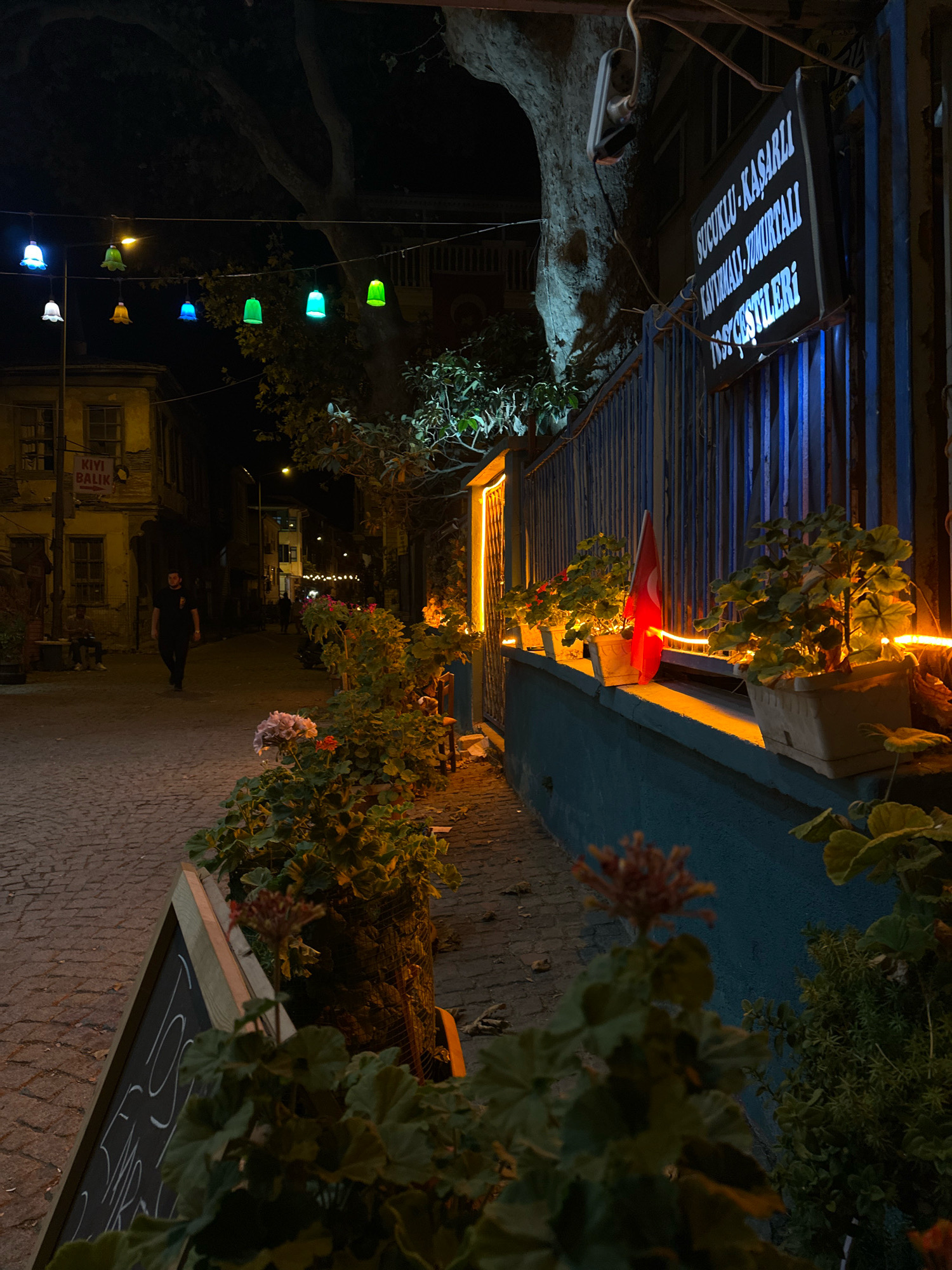 The image depicts a street scene at night in Mudanya, Turkey. A cobblestone street runs diagonally across the frame, with buildings lining its left side. Several colorful, bell-shaped lights hang suspended above the street. On the right side of the street, a blue metal fence encloses a walkway lined with potted plants and a Turkish flag. A neon sign above the fence reads "SUCUKLU-KASARLI KAVURMALI-TÜMÜRTALI IZGARA ÇEŞİTLERİ," indicating it is a restaurant specializing in various grilled dishes. A man in dark clothing walks down the street in the mid-ground. Two figures are seated on a bench outside one of the buildings on the left. The overall atmosphere is illuminated by the streetlights, decorative lights, and warm interior lighting from the buildings.