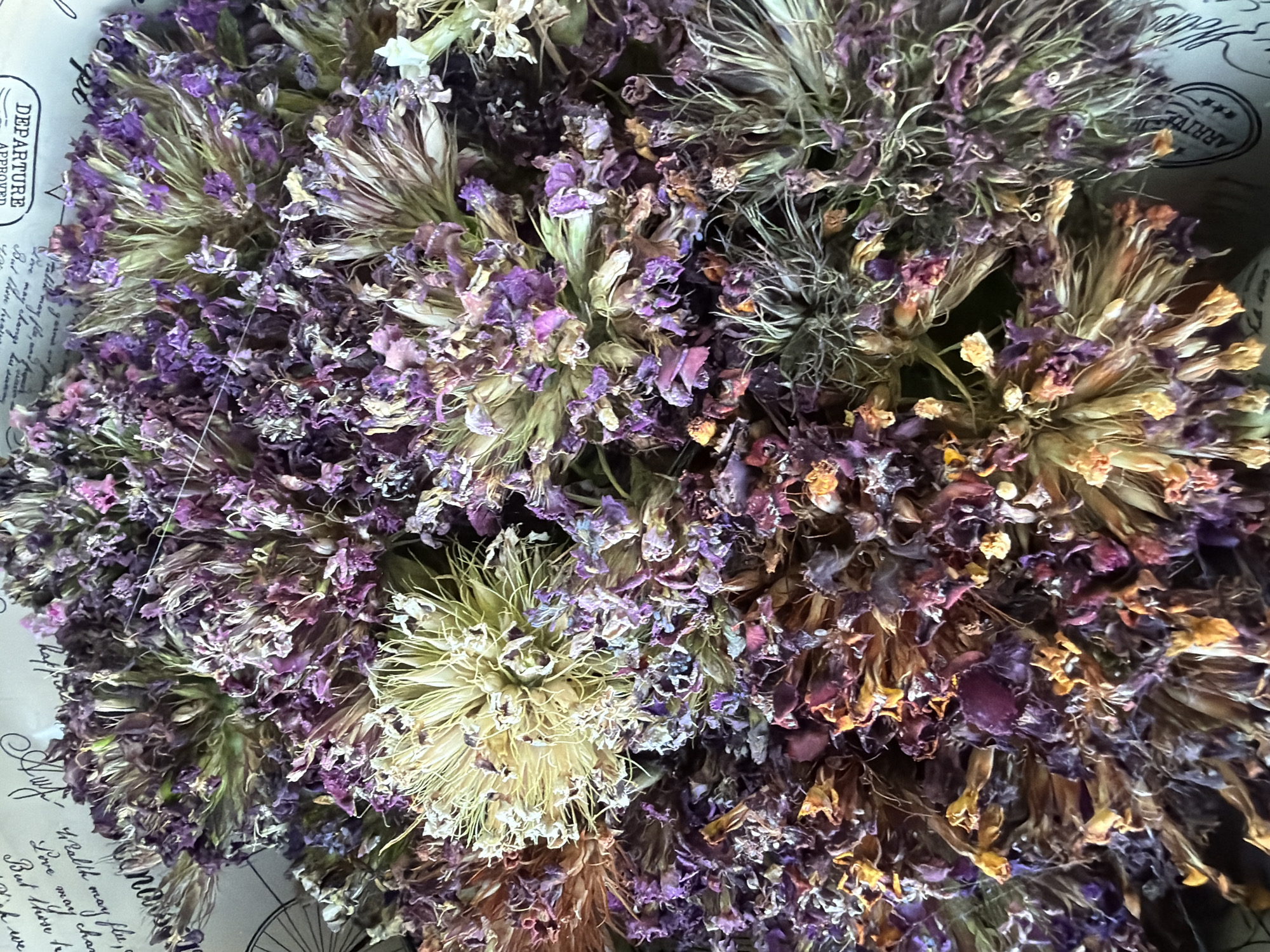 The image displays a close-up, overhead view of a bouquet of dried flowers. The flowers are predominantly in shades of purple and light yellow, with some dried orange and brown elements. The bouquet appears to be arranged on top of decorative paper that features text and faint outlines of vintage graphics, possibly from a map or a travel-related theme. The text is in a script font and includes words like "DEPARTURE," "APPROVED," and what appears to be French. The lighting suggests a natural light source, casting subtle shadows among the dried floral elements. There are no people, actions, or interactions visible in the image. The scene is devoid of any specific urban context that would indicate a location in Kyiv, Ukraine, or any other city.