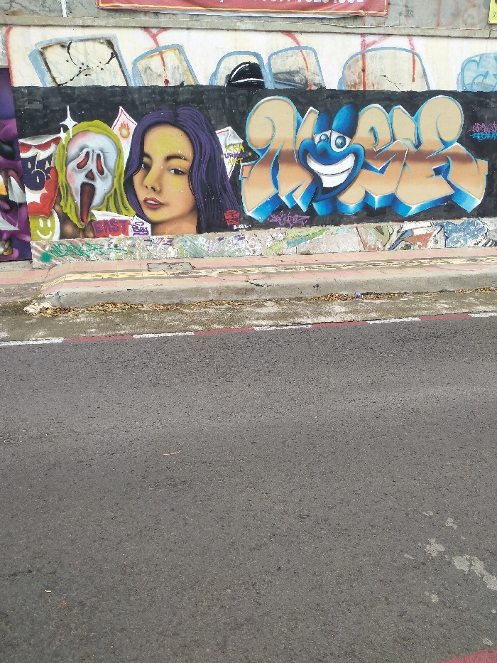 The image captures a vibrant graffiti mural spanning a wall beside an asphalt road in Karanganyar, Indonesia. The scene suggests a daytime setting, with clear lighting.
The mural itself is composed of several distinct elements. On the left, a stylized rendition of the "Ghostface" mask from the *Scream* movie franchise is visible, characterized by its white, screaming face against a greenish-yellow background. Below this, the word "EAST" is painted in red. Central to the mural is a realistic portrait of a young woman with long, dark, possibly purple hair, depicted with a calm expression. Near her right shoulder, the year "2021" and the phrase "URBAN ART" are discernible, along with other small tags. To the right, a large, elaborate graffiti piece features blue and orange bubble letters, potentially spelling a word like "HOME." This design incorporates a playful, blue cartoon-like face with large, expressive eyes and a wide, grinning mouth. The base of the wall beneath these main artworks is covered with various smaller, overlapping tags and paint splatters, including green and blue.
Above the primary mural, the upper section of the wall displays older, more faded graffiti and paint, with partially visible text that includes what appears to be a phone number "977 7020 9283" and other illegible words.
Below the wall, a concrete curb separates the art from the road. The street itself is dark grey asphalt, featuring a distinct white dashed line and a solid red line running parallel to the curb. No human subjects or active events are present, focusing solely on the urban landscape and street art.