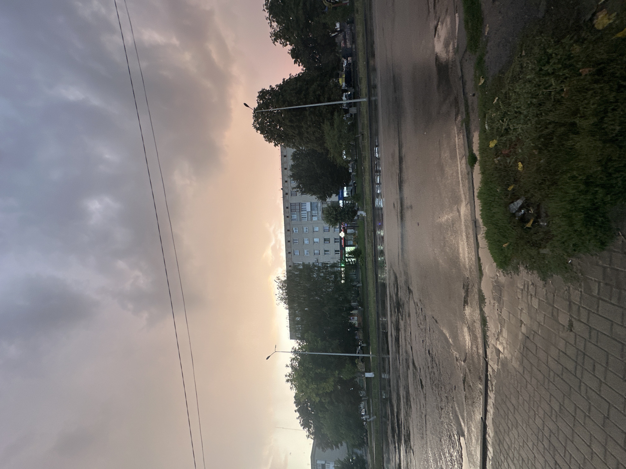 This is a photograph of a street scene in Khmilnyk, Ukraine, under a dramatic sky with heavy clouds. The sky is a mixture of dark grays and purples, with areas of soft orange and pink hues, suggesting either sunrise or sunset. A power line stretches horizontally across the upper portion of the image.
In the middle ground, a multi-story apartment building with visible windows dominates the background. In front of the building, a row of mature trees with dark green foliage lines the street. A street lamp stands prominently among the trees. The ground in front of the trees appears to be a grassy median.
The foreground shows a wet street and sidewalk, indicating recent rain. Puddles of water reflect the overcast sky and the surrounding elements. The sidewalk is paved with rectangular gray bricks. To the right of the sidewalk, a patch of green grass with some scattered leaves and debris is visible. Cars are parked along the street and behind the trees. There are no people clearly visible in the scene. The overall impression is one of a slightly melancholic, damp urban environment during twilight.