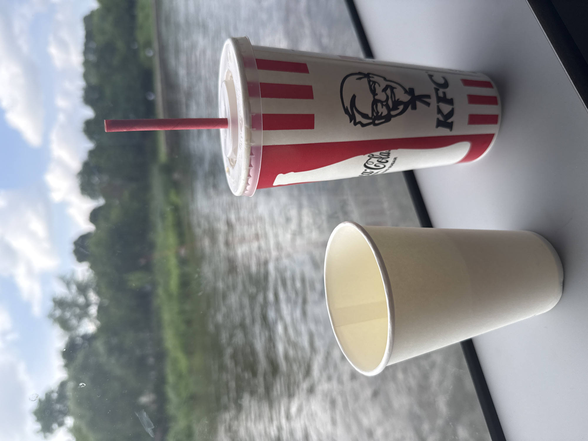 A close-up, eye-level shot shows two paper cups on a grey surface in front of a body of water. The cup on the right is a KFC branded cup with red and white stripes, Colonel Sanders' face, and a red straw poking out of a clear lid. The cup on the left is a plain, off-white paper cup. The background is blurred, showing a tree-lined riverbank under a cloudy sky. It is not possible to determine the specific location in Vilnius, Lithuania.