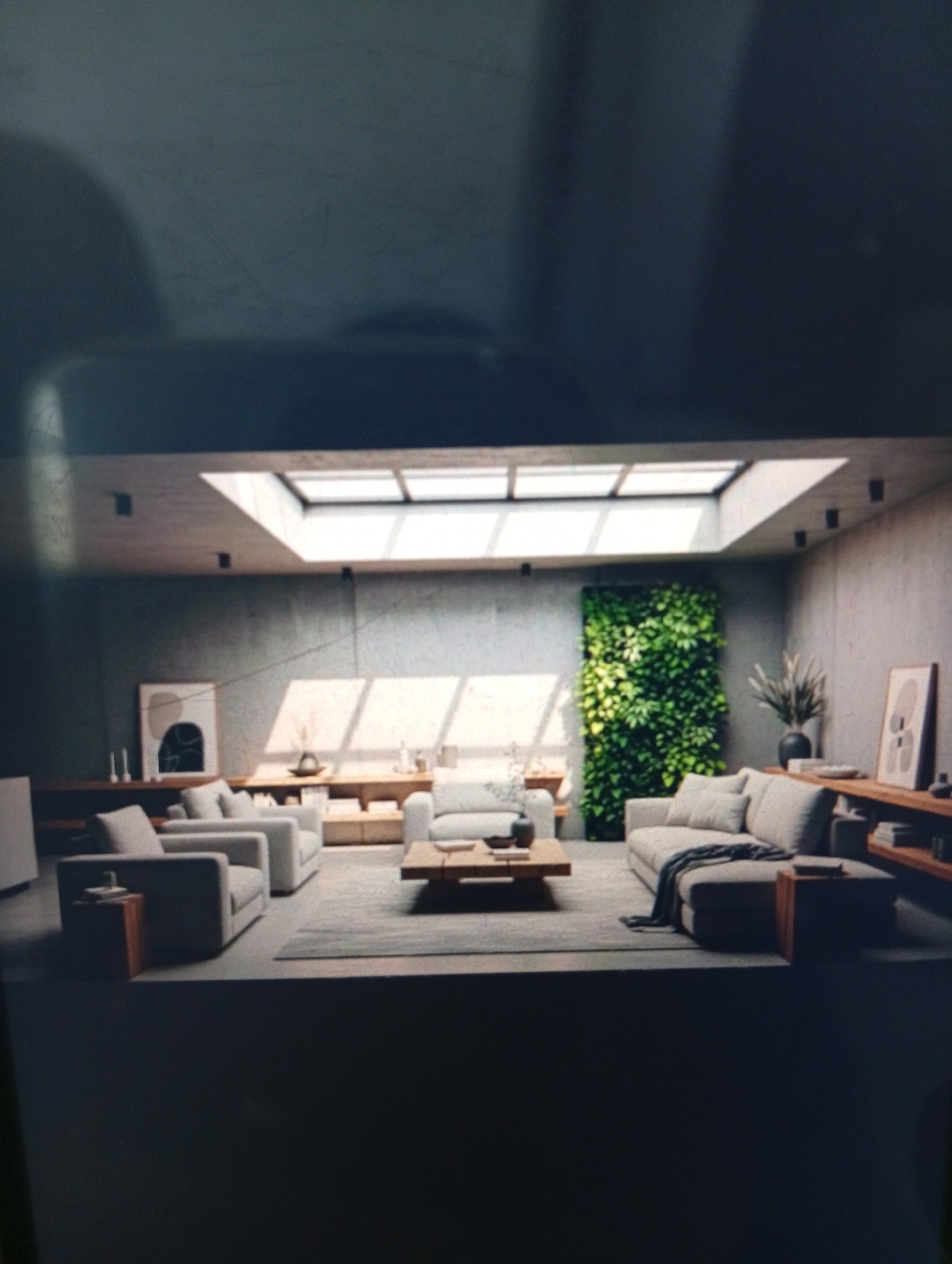 A sparsely furnished living room, possibly a staged interior or a minimalist design, with a skylight illuminating the scene. The furniture includes light-colored sofas and chairs arranged around a central coffee table. A rug defines the seating area. Shelving runs along the walls, with decorative objects placed on them. A vertical garden adds a touch of nature to one side of the room. The walls are a neutral color, possibly concrete. The location, Dutsen Alhaji, Nigeria, is unlikely based on the style and furnishing visible, suggesting a more Western or international design aesthetic. There are no people present in the image.