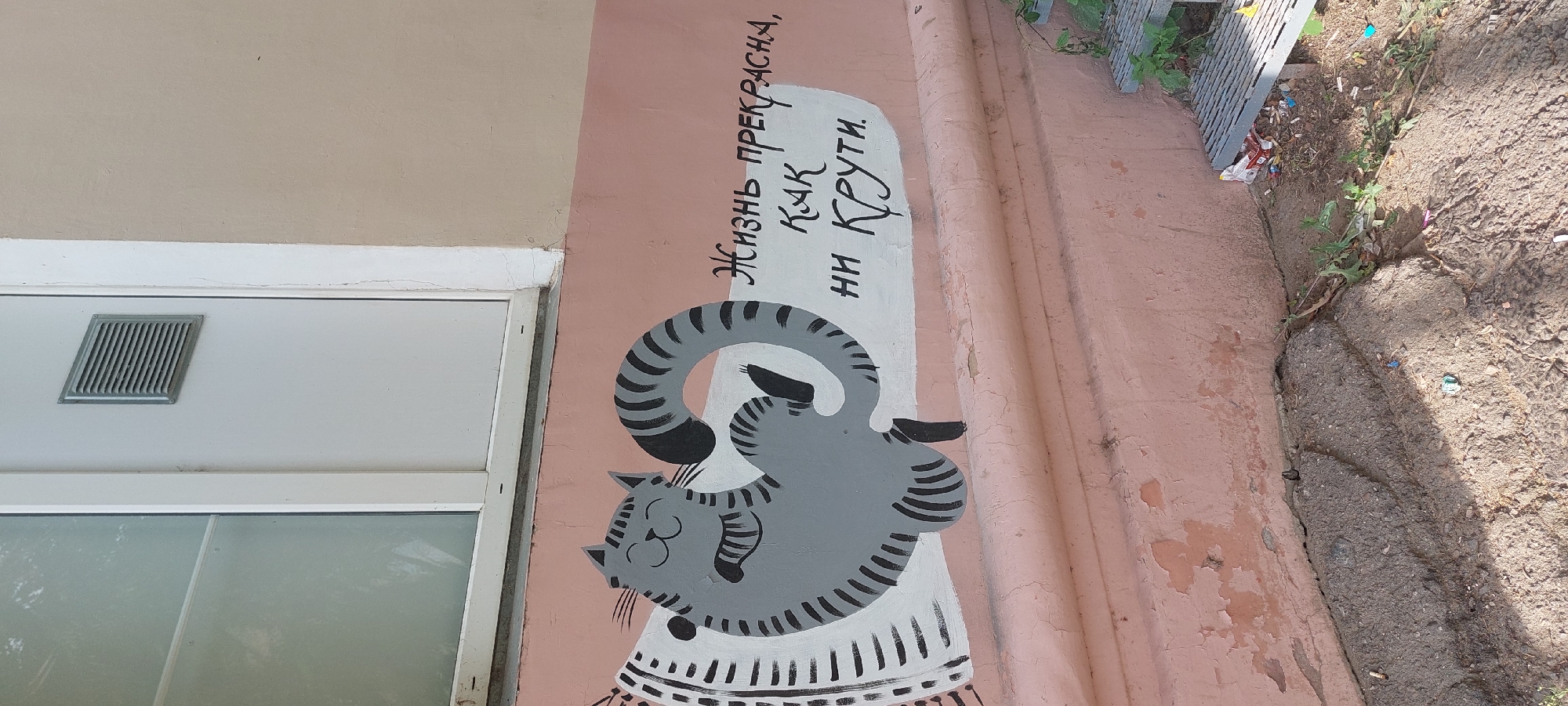 The image shows a wall with a painted mural of a cartoon cat and Russian text. The mural is on the lower portion of a light pink wall, adjacent to a window. The cat is grey with black stripes and appears to be lounging on a pillow. Above and to the right of the cat, the text reads "Жизнь прекрасна, как ни крути," which translates to "Life is beautiful, no matter how you spin it." The wall shows signs of wear, with peeling paint in some areas. In the lower right of the image, a metal grate or steps are visible, with some debris and vegetation around it. The ground in front of the wall is a mixture of dirt and cracked pavement. The location is identified as Votkinsk, Russia.