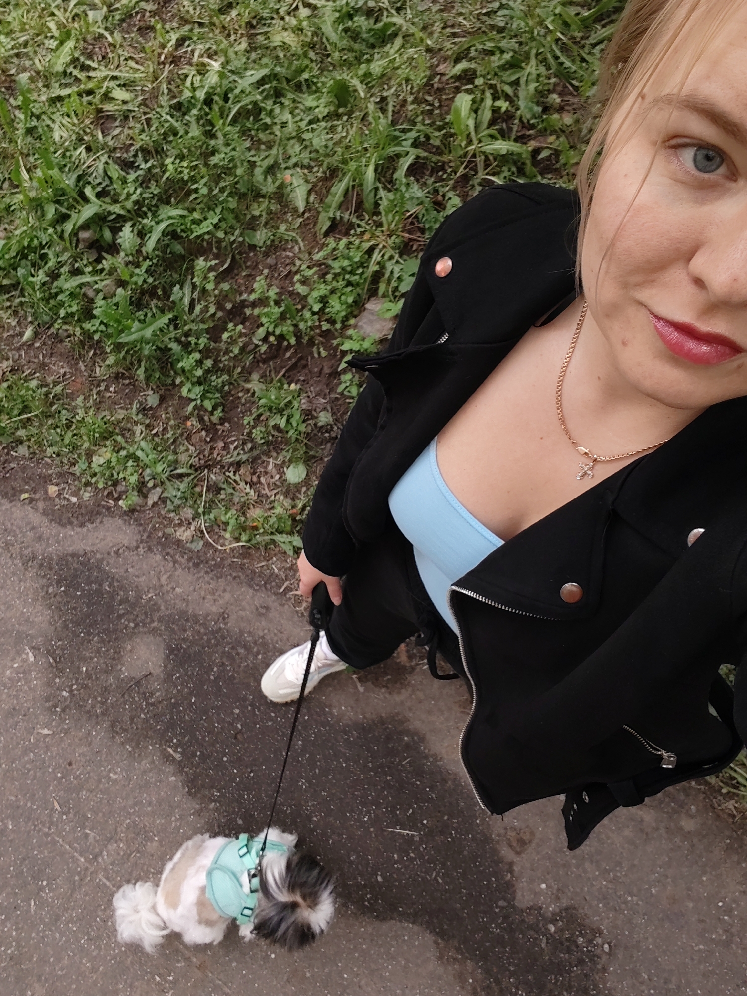 The image depicts a high-angle view of a woman walking a small dog outdoors. The woman, appearing to be an adult female with blonde or light brown hair and blue eyes, occupies the upper right portion of the frame. She is wearing a black collared jacket with silver metallic snaps and zippers over a light blue top. A gold-colored chain necklace with a small, clear-gemmed pendant, resembling a stylized cross or 'X', is visible around her neck. Her lips are painted with a reddish-pink color. Her right hand, visible in the lower right, holds a black leash. She is wearing white sneakers with a light blue detail on the sole.
The dog, a small breed resembling a Shih Tzu with a mix of white, brown, and black fur, is located in the lower left of the frame. It wears a light blue or mint green harness, and the black leash connects to this harness. The dog is positioned on a dark, mottled asphalt or concrete path, which extends from the bottom of the frame and covers the left half of the image. The right half and upper portion of the image reveal an unpaved area covered with green grass and various weeds, indicative of a natural or semi-natural urban greenspace. No specific landmarks are visible to pinpoint a precise location within Izhevsk, Russia; however, the scene is consistent with a park pathway or sidewalk adjacent to a grassy area within a city. The lighting suggests natural daylight, possibly overcast.