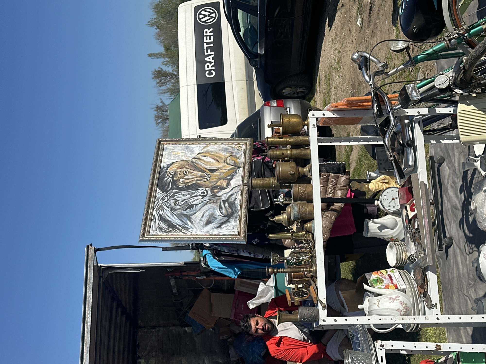 The image shows a street market scene, likely in Dolni Bogrov, Bulgaria, due to the Volkswagen Crafter van visible in the background, a common sight in Europe. A man is lying down amidst a cluttered display of goods, including brass items (possibly candlesticks or decorative objects), porcelain dishes and teapots, and a framed painting of horses. The items are arranged on a multi-tiered white metal shelving unit. The goods appear to be part of a flea market or antique sale. A bicycle is also visible in the background. The sky is clear and blue.
