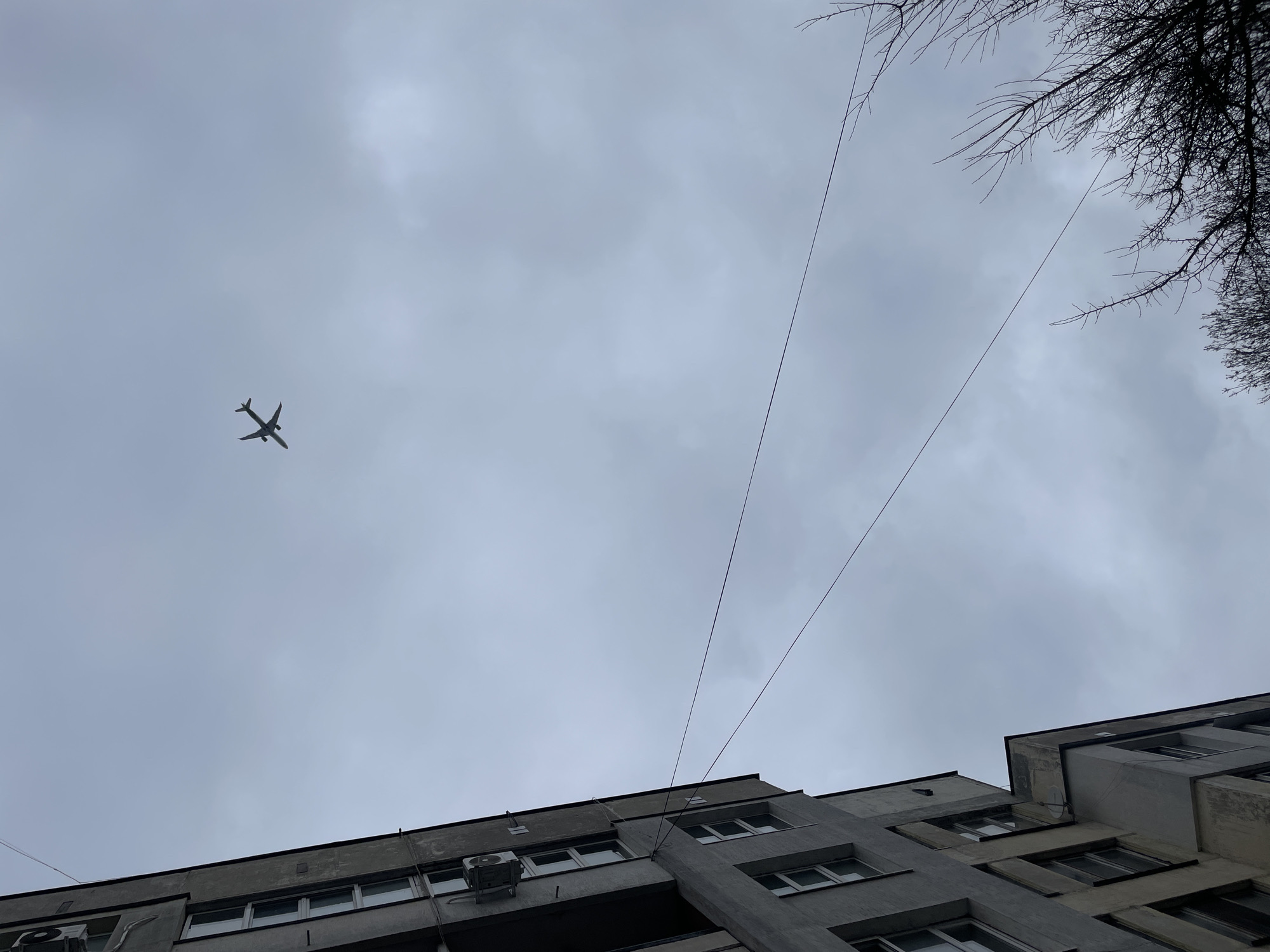The image is taken from a low angle, looking up towards a gray sky with a single airplane visible in the upper left quadrant. Two thin wires run diagonally across the sky from the lower-middle part of the frame towards the upper-right. The top portion of a weathered, multi-story concrete building is visible in the lower half of the frame. The building appears to have multiple windows and air conditioning units. Bare tree branches are partially visible in the upper right corner. The location is Sofia, Bulgaria.