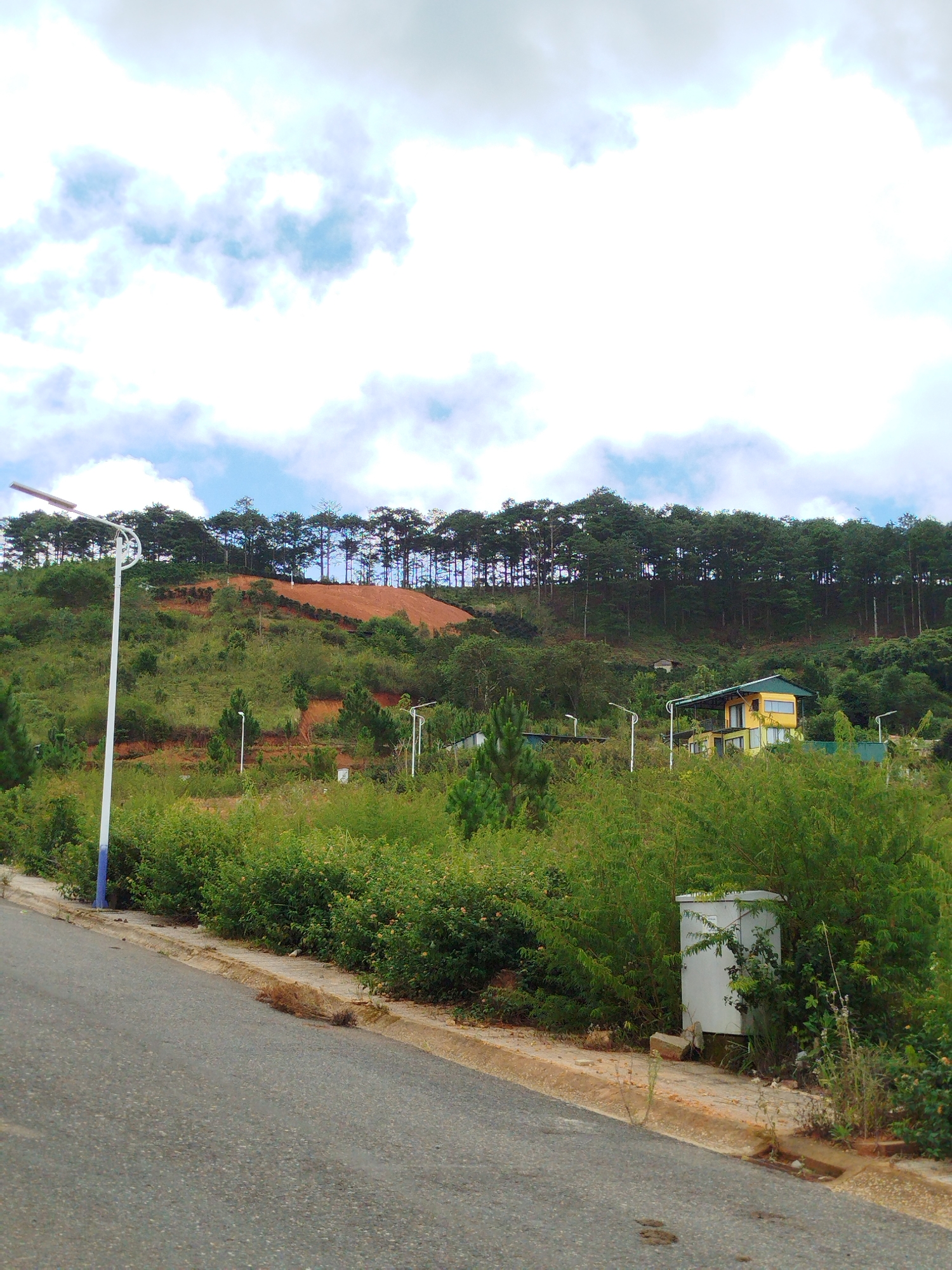 The image depicts a rural landscape in Lạc Dương, Vietnam, characterized by a sloping paved road in the foreground, leading towards a densely wooded hillside. A line of tall pine trees crowns the ridge, below which lies a large expanse of exposed red earth, suggesting recent landscaping or erosion. The midground features a yellow and green two-story building nestled amongst lush green vegetation. Several modern streetlights are visible, one prominently in the left foreground. A white utility box is situated on the right side of the road, partially obscured by foliage. The sky is overcast with large, puffy white clouds.