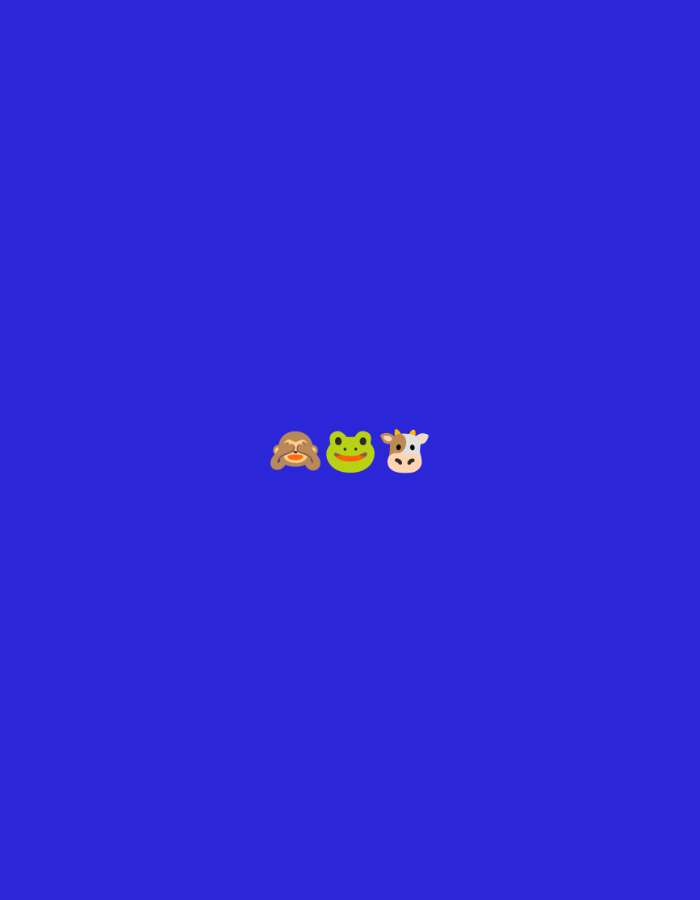 The image shows three emojis on a blue background. From left to right, they are a monkey covering its eyes, a frog, and a cow. There are no elements in the image that can be used to determine its location in Jenu, Indonesia.