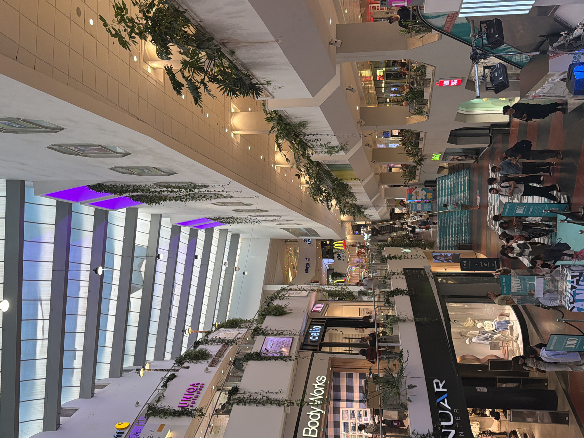 The image captures the interior of a vibrant, multi-level shopping mall, likely in Tel-Aviv, Israel, given the visible Hebrew text on signs. Numerous people are scattered across different floors, engaging in typical mall activities such as walking, browsing, and standing in groups. The perspective is looking down a long, wide corridor or atrium that extends through several levels.
The mall features modern architecture with bright, light-colored walls and ceilings. Decorative greenery, primarily vines and potted plants, is extensively used along railings, ledges, and columns, adding a natural and inviting touch. Overhead, rows of recessed lighting illuminate the space, complemented by a striking section with vibrant purple LED lighting along a high, arched ceiling, creating a distinct visual accent. Large, vertical window-like panels line one side of the upper levels, allowing ambient light into the interior.
Visible retail stores and brands include "Body Works," "celio," "UNIQA sunglasses," "iDigital," and "McDonald's," which shows its name in both English and Hebrew. Other prominent signs feature "URBANICA" and a partially visible "Jaguar" logo. Several advertising displays and promotional signs, including some with the number "1000," are also visible. Escalators can be seen connecting different levels, and store displays showcase various products. The overall atmosphere appears bustling and active, typical of a busy commercial center during what seems to be daytime, though the indoor setting relies heavily on artificial illumination.