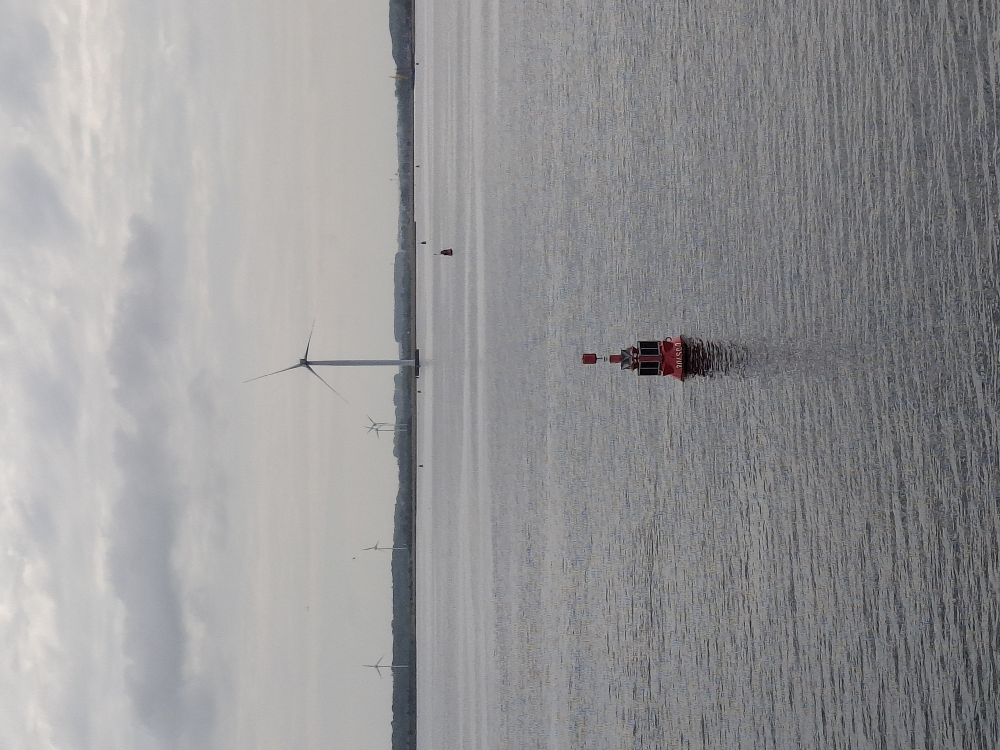 The image depicts an overcast scene in what appears to be the Warnow river, near Rostock, Germany. A red buoy with a black top mark sits prominently in the foreground of the water. Further in the distance, several wind turbines are visible along the shoreline. The river is calm with a slight ripple effect from the wind.