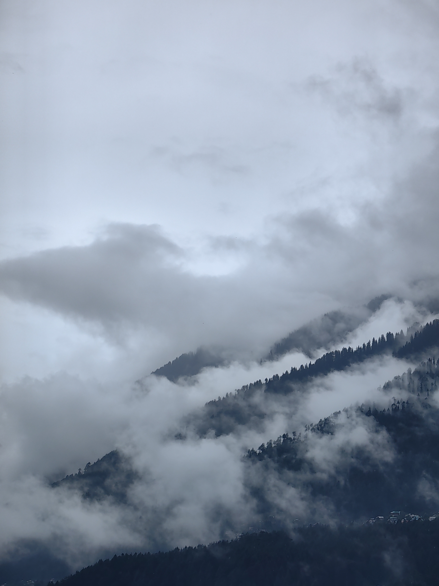The image shows a misty, mountainous landscape, likely Vashisht, India, given the presence of dense evergreen trees covering the slopes and scattered buildings at the base of the mountains. The sky is overcast with thick clouds, partially obscuring the peaks. The clouds create a layered effect, with some swirling around the trees and others hanging lower, almost touching the slopes. The overall mood is serene and somewhat mysterious due to the limited visibility. There are no people or animals visible in the frame. The natural environment is the primary focus, with the human elements being small and integrated into the landscape.