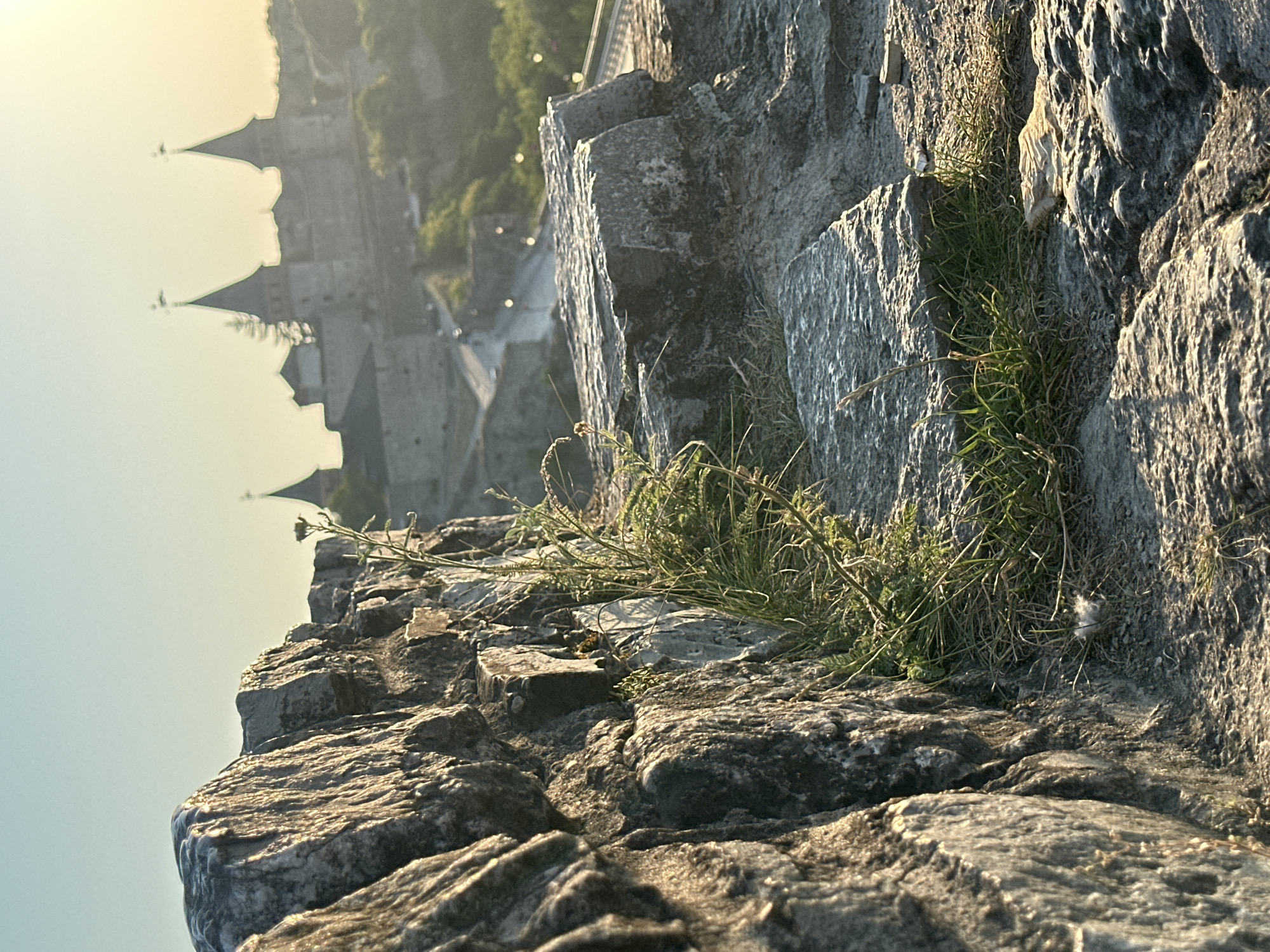 The image captures a close-up view of weathered stone fortifications in Kamianets-Podilskyi, Ukraine. In the foreground, rough-hewn, gray rocks dominate the scene, with patches of dry grass and a few green sprouts growing between them. Sunlight glints off the textured surfaces of the stones, creating stark highlights and shadows.
In the background, partially obscured by the foreground elements and a soft haze, is the iconic Kamianets-Podilskyi Castle. The castle's distinctive towers, with their conical roofs, rise against a pale, sunlit sky. A stone bridge, lined with lampposts, leads towards the castle, hinting at the historical significance and grandeur of the location. The overall atmosphere is one of ancient resilience and enduring natural beauty, bathed in the warm glow of the late afternoon sun. No people or specific actions are visible in this scene.