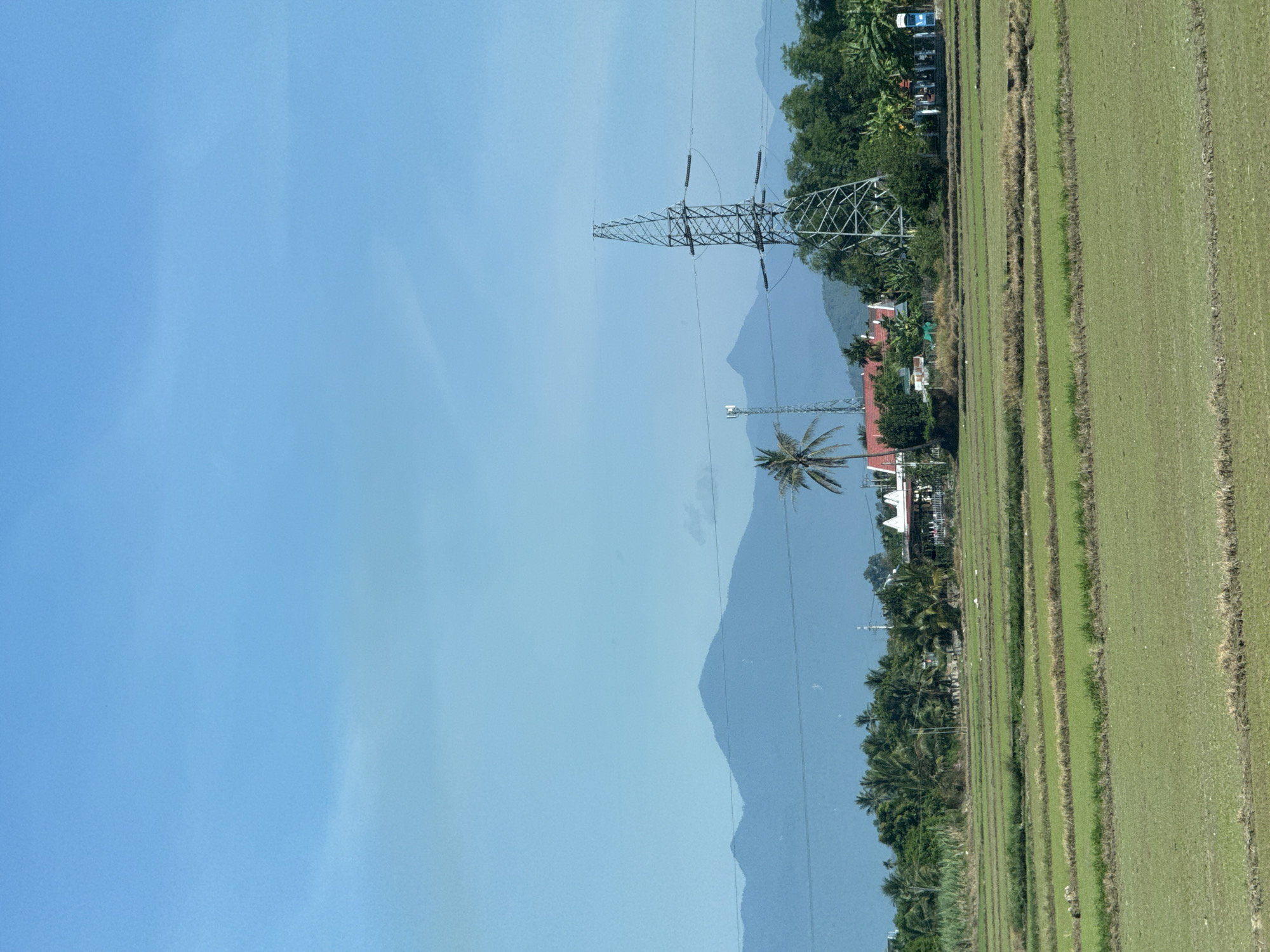 The image depicts a rural landscape in Dien Lac, Vietnam, featuring agricultural fields and a backdrop of mountains. In the foreground, lush green rice paddies are organized in horizontal strips, indicating ongoing cultivation. A few patches of dried vegetation are visible between the green sections.
In the middle ground, a line of palm trees and other dense green foliage runs horizontally across the frame, separating the fields from the more distant elements. Several buildings with red roofs are nestled within this greenery, suggesting a small village or settlement. A prominent, tall, metallic power pylon stands to the right of center, with wires extending horizontally. To the left of the pylon, a smaller tower, possibly a communication tower, is also present. A single palm tree with a visible trunk and fronds is situated between the two towers.
The background is dominated by a series of layered, hazy blue mountains that recede into the distance. The sky above is a clear, pale blue with faint wisps of clouds or haze. The overall impression is one of serene rural life in a mountainous region, characterized by agriculture and essential infrastructure. No people are visible in the image.