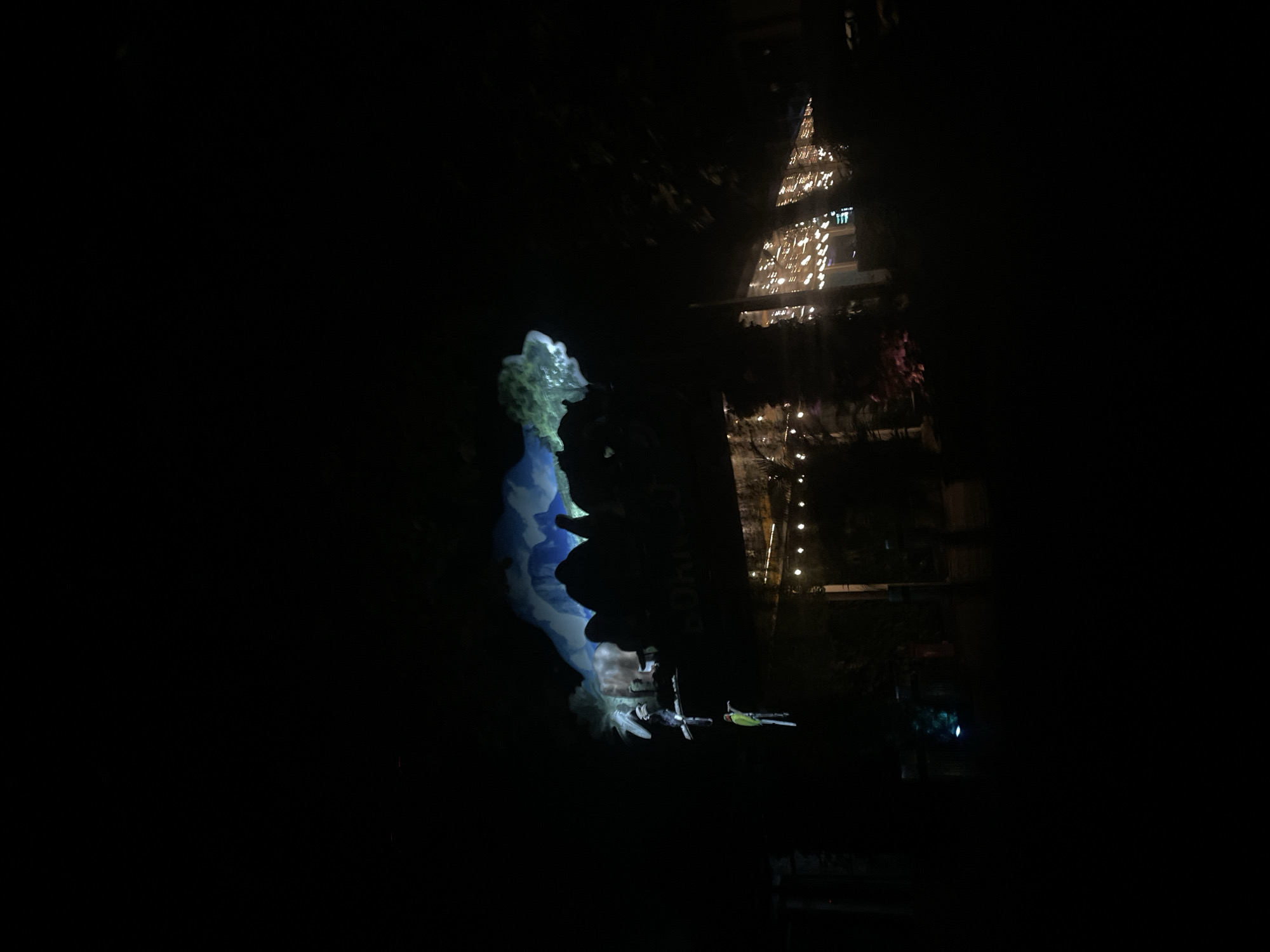 The image depicts a dark, nighttime scene. A building with lighted windows is visible, partly obscured by trees. In the lower left, a projected image in blue and white is visible. There is also a second projected image, showing what seems to be a person laying down, in the lower section of the frame. There are lights strung up in the background. The location is South Jakarta, Indonesia.