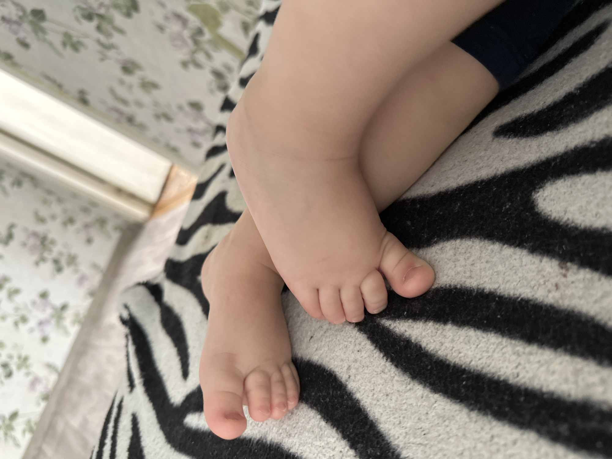 The image displays the bare feet and lower legs of an infant or young child, positioned resting on a black and white zebra-striped textile surface. The feet are light-skinned, with toes and small toenails visible. The left foot is partially crossed over the right. The background consists of a wall covered in light-toned floral wallpaper featuring blurred purple/pink flowers and green foliage. Below the wallpaper, a section of light-colored wooden flooring and a white door frame or baseboard are discernible. The scene is located indoors, within the city of Chaikovsky, Russia.