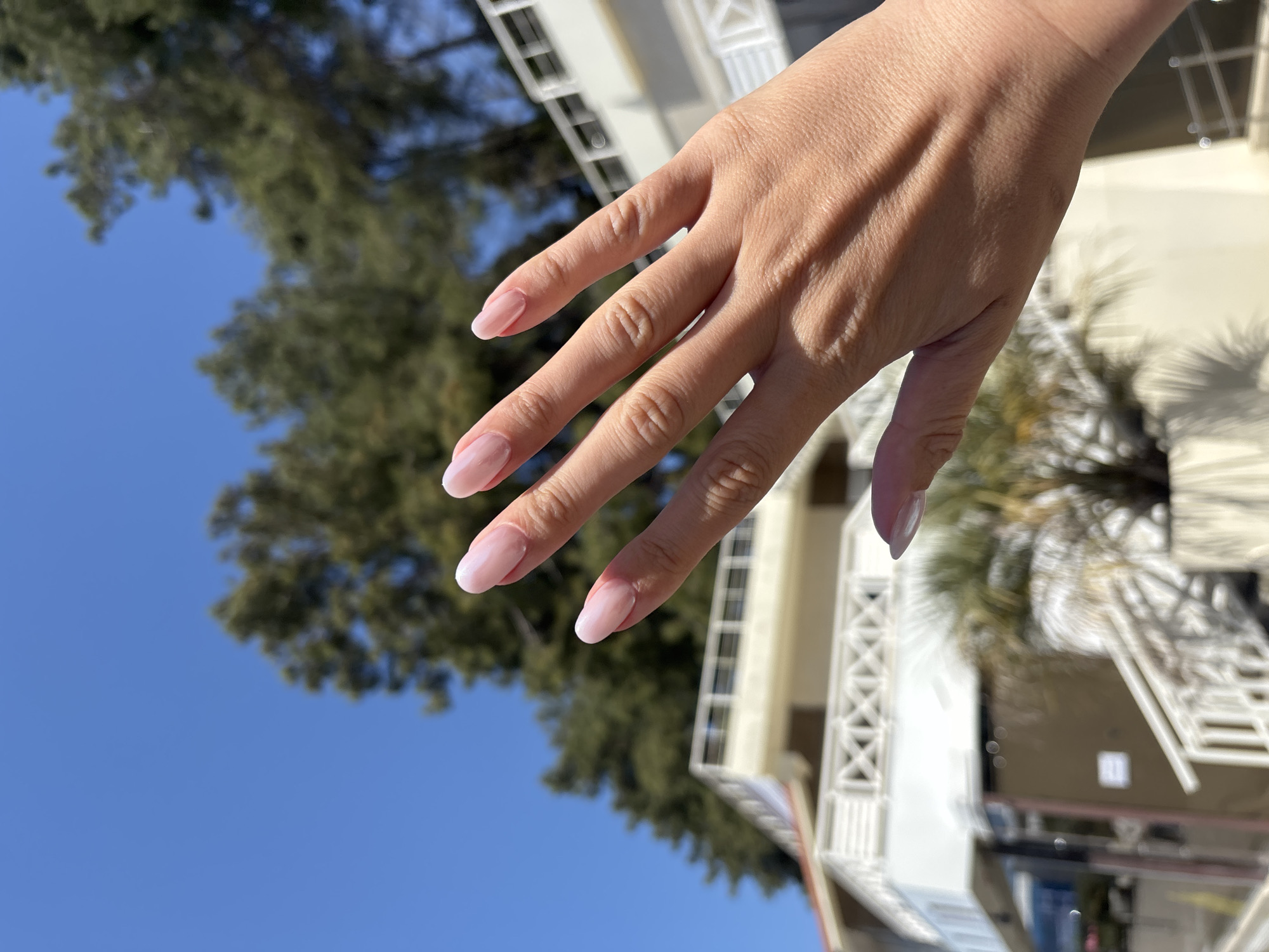 A woman's right hand is visible in the foreground, displaying light pink fingernails with white tips. The background features a clear blue sky, green trees, and a multi-story white building with dark windows and balcony railings. The location is Sochi, Russia.