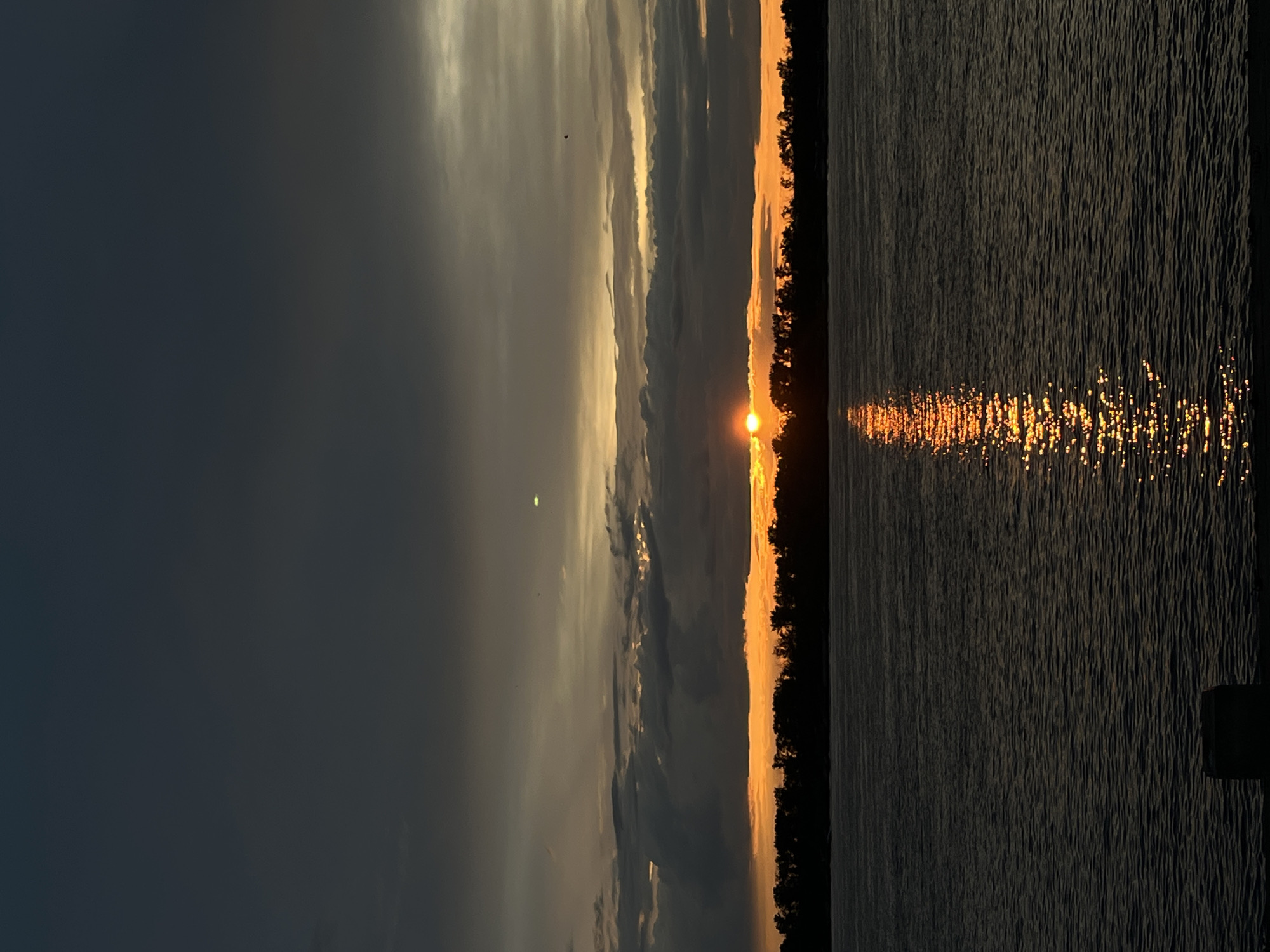 A vertical, low-angle photograph captures a sunset over a body of water, possibly a river or lake, in Novokuybyshevsk, Russia. The sky is dominated by dark, brooding clouds that are tinged with orange and yellow near the horizon, where the sun is setting. The sun itself appears as a bright, round orb, partially obscured by a band of clouds. A silhouette of a tree line stretches across the horizon, separating the sky from the water. The water's surface is dark and rippled, reflecting the warm hues of the sunset in a shimmering, elongated path. In the foreground, a dark, indistinct object, possibly a dock piling or a piece of debris, is visible at the bottom of the frame. The overall atmosphere is serene and slightly melancholic, characteristic of a twilight scene.