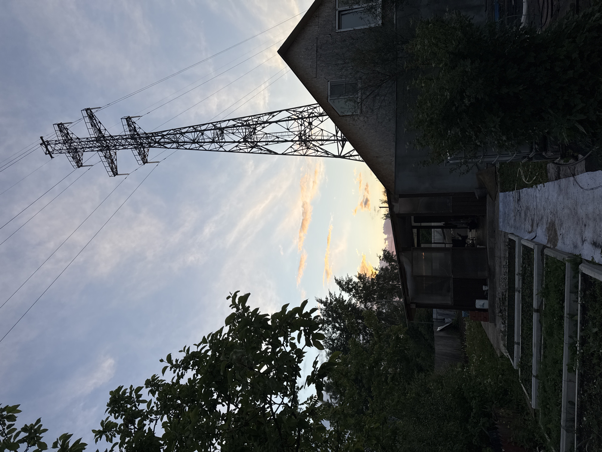 The image depicts a residential area near Chaikovsky, Russia, under a partly cloudy sky at what appears to be dusk or dawn. A large power line tower dominates the left side of the frame, with its wires extending across the sky. To the right of the tower is the corner of a two-story house constructed from light-colored materials and topped with windows. Dense trees and bushes partially obscure the view. A concrete pathway with vertical structures along it runs along the right side of the house.