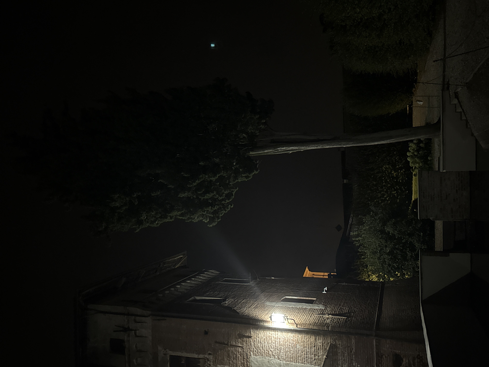 The image depicts a dark, nighttime scene featuring a tall, slender tree in the foreground, its silhouette partially illuminated by an unseen light source. To the left, a portion of a brick building with architectural details and an exterior light fixture is visible. The building appears old, with visible mortar and brickwork. Beyond the tree and building, dense foliage forms a dark, almost impenetrable background, suggesting a garden or natural area. The sky is dark and overcast, with a faint green light visible in the upper right quadrant, possibly indicating artificial lighting or an atmospheric phenomenon. The overall impression is one of stillness and nighttime ambiance. The location, within the city of Lagnasco, Italy, implies a European architectural style and potentially a historical setting. No people or animals are present in the frame.