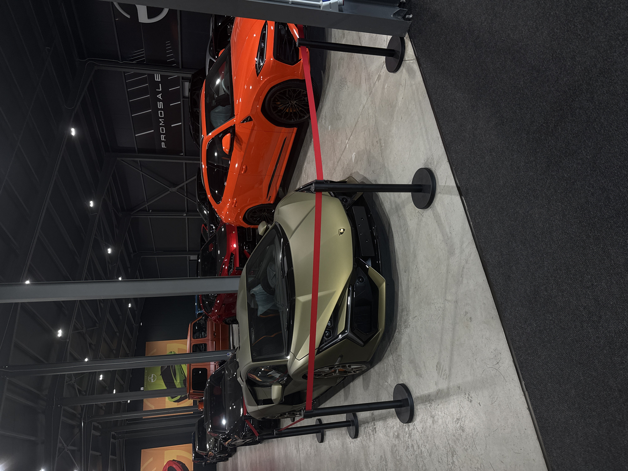 The image depicts an indoor showroom featuring a collection of luxury vehicles. In the foreground, a gold Lamborghini is parked, facing slightly to the left. A red velvet rope barrier runs across the front of the car, supported by black stanchions. Behind the Lamborghini, several other high-end cars are visible, including an orange Lamborghini Urus and a red sports car. Further back, there are more cars and a large banner with text that appears to be "PROMOSALE." The showroom has a concrete floor and a dark ceiling with visible structural beams and lighting fixtures. There are no people visible in the image. The scene is well-lit and clean, suggesting a professional car dealership or private collection. The city of Plovdiv, Bulgaria is not explicitly identifiable from the visual cues in the image.