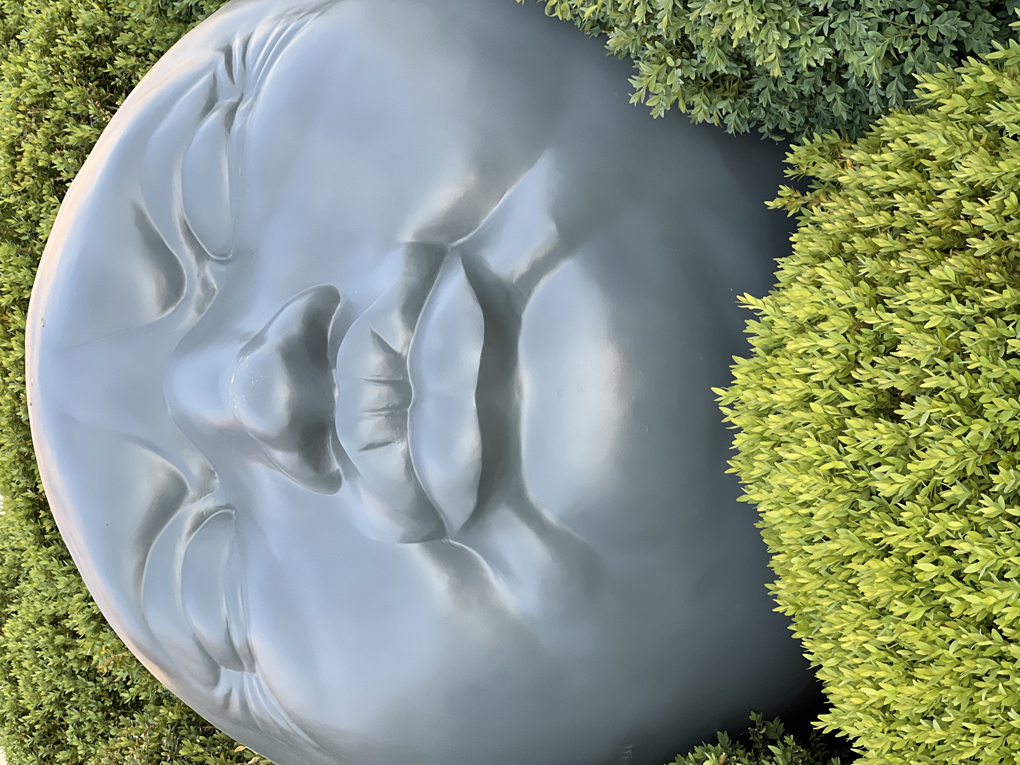 The image depicts a large, gray, stylized face sculpture partially surrounded by green shrubbery. The face appears to be in a state of rest, with closed eyes and slightly parted lips. The sculpture is positioned outdoors. This is the "Internal Balance" sculpture by Spanish artist Jaume Plensa, located in the city of Krasnodar, Russia.