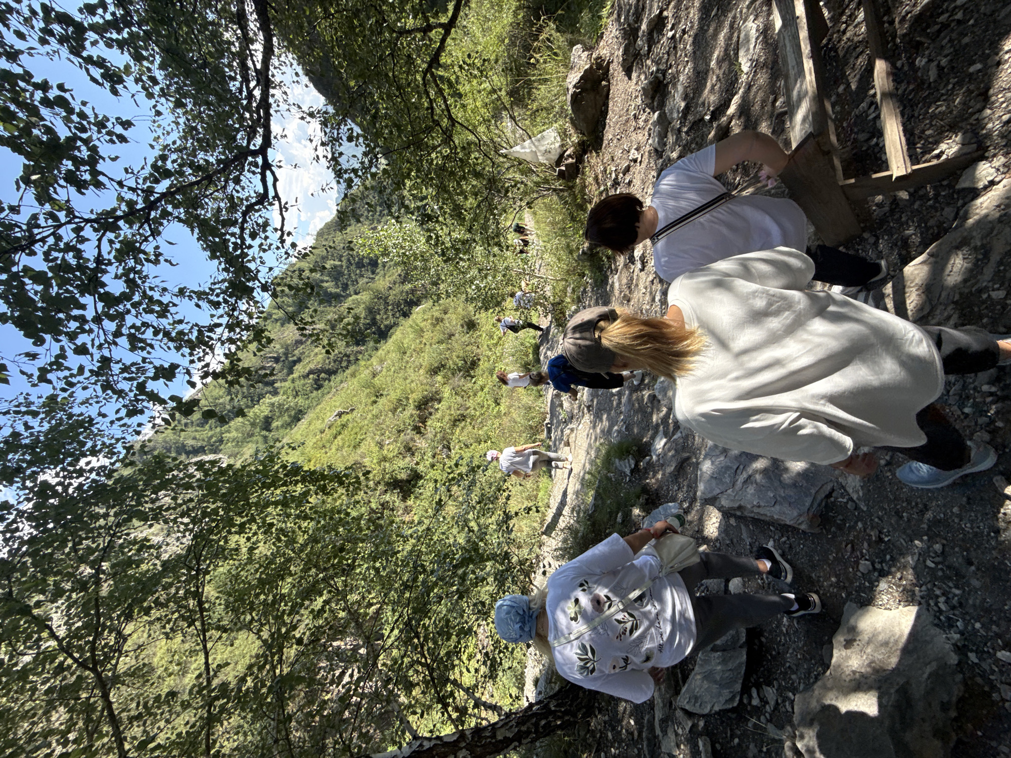 The image depicts a group of people hiking on a rocky, wooded trail in a mountainous region. The environment is characterized by lush green foliage, large rocks, and a steep hillside in the background. Sunlight filters through the trees, casting shadows on the path.
In the foreground, three individuals are visible from behind. The person on the far left wears a white t-shirt with a floral design and a light blue headscarf. They are carrying a light-colored bag over their shoulder. Next to them, to the right, is another person wearing a light-colored sweatshirt and dark pants, with blonde hair tied in a ponytail. To the right of this person is an individual in a white t-shirt and dark pants, with short dark hair.
Further up the trail, several other people are walking in the same direction. One person in a white t-shirt and striped pants is visible. Other individuals are scattered along the path, some further in the distance.
The overall scene suggests an outdoor recreational activity, likely a hike or trek, in a natural, undeveloped area. The location in the city of Chemal, Russia, is not directly discernible from the visual information alone, but the mountainous terrain and vegetation are consistent with areas found in Russia.