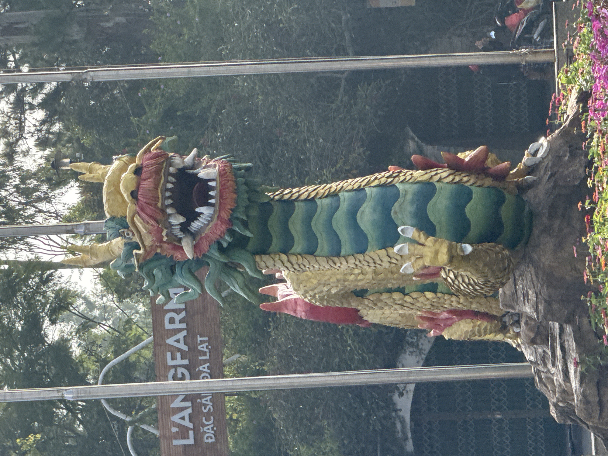 A golden dragon statue stands on a rock formation, with its mouth open and teeth bared. The dragon has a red and green mane and yellow horns. Behind the statue, a wooden sign reads "L'ANGFARM ĐẶC SẢI ĐÀ LẠT". The background is filled with trees and a slightly hazy sky. The area is surrounded by flowers. The image appears to be taken in the city of Xuân Hương - Đà Lạt, Vietnam, likely at a tourist attraction or market related to local specialties.