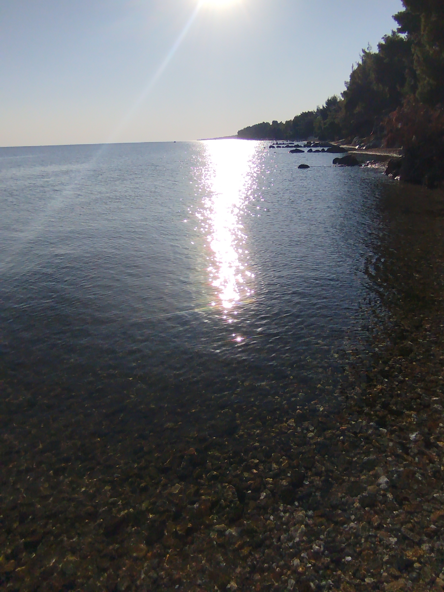 The image shows a tranquil coastal scene in Sithonia Municipal Unit, Greece. The sun is high in the sky, casting a bright reflection on the calm, clear water. The shoreline is a mix of smooth pebbles and rocks, with lush green trees lining the background, suggesting a natural and serene environment. The overall impression is one of peace and natural beauty.