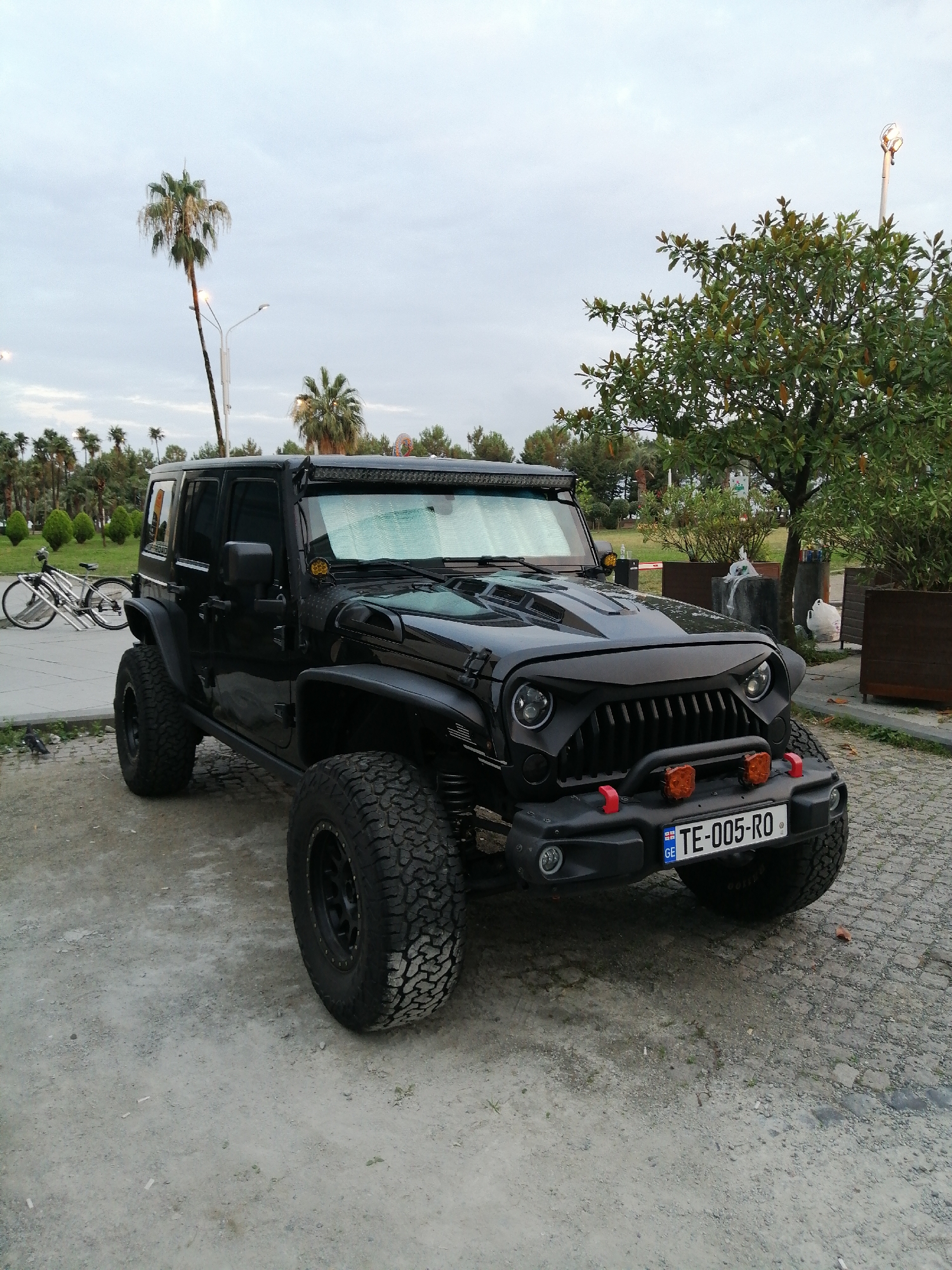 A black four-door Jeep Wrangler, modified with an aggressive grille and aftermarket lights, is parked on a cobblestone surface next to a dirt area. The Jeep has large off-road tires and a light bar mounted above the windshield. A license plate on the front bumper reads "TE-005-RO" with the Georgian flag. In the background, palm trees and other greenery suggest a coastal or park-like setting. A bicycle is leaning against a railing to the left of the Jeep. The sky is overcast. The scene appears to be in a public outdoor area in Batumi, Georgia.