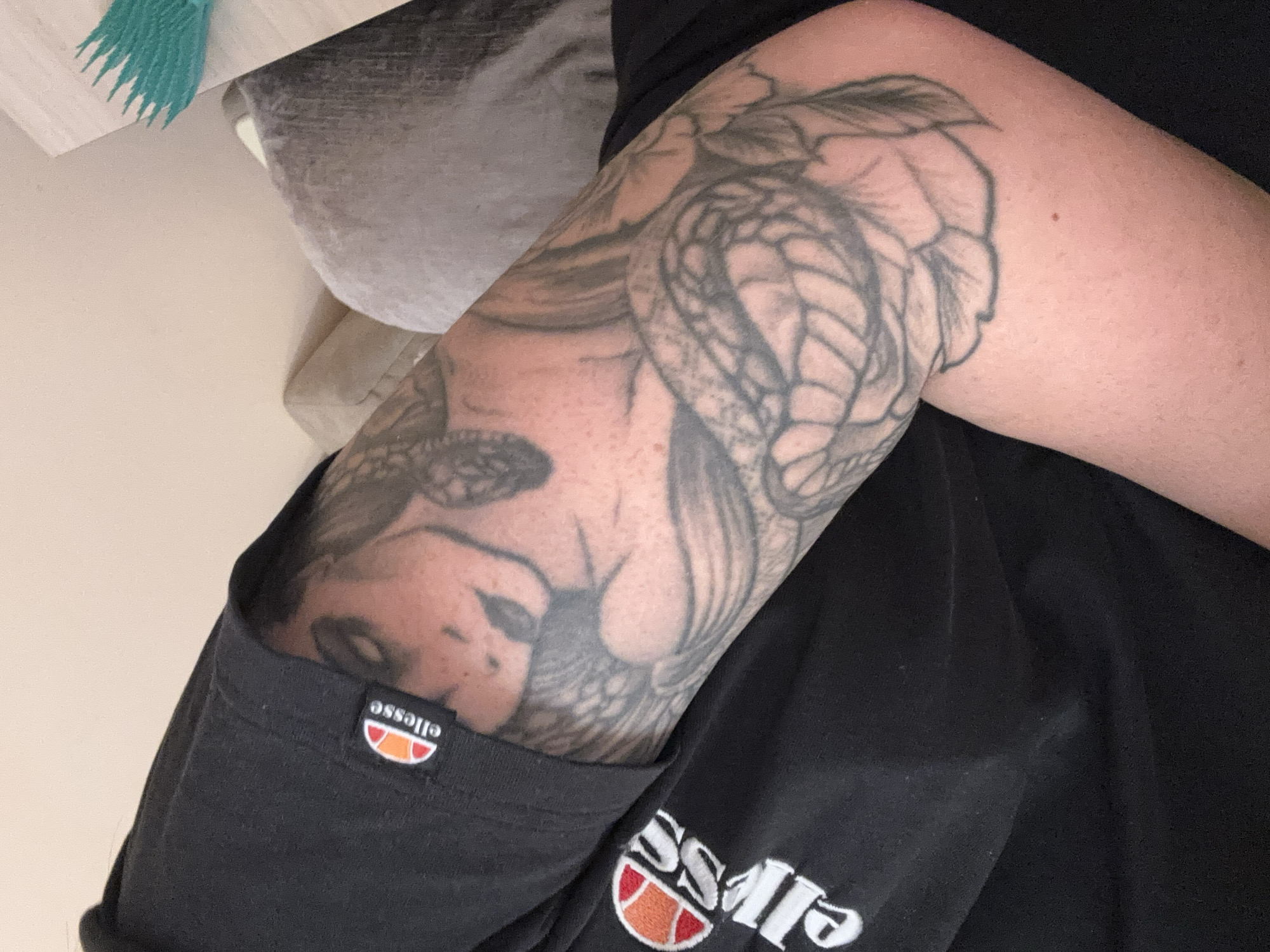 The image shows a portion of a person's left arm, heavily tattooed with what appears to be a woman's face, a snake, and floral elements. The arm is partially obscured by the black fabric of a garment, possibly a t-shirt, which bears the "ellesse" brand logo. The background is a blur of other objects and a light-colored wall. The image was not taken in Plovdiv, Bulgaria.