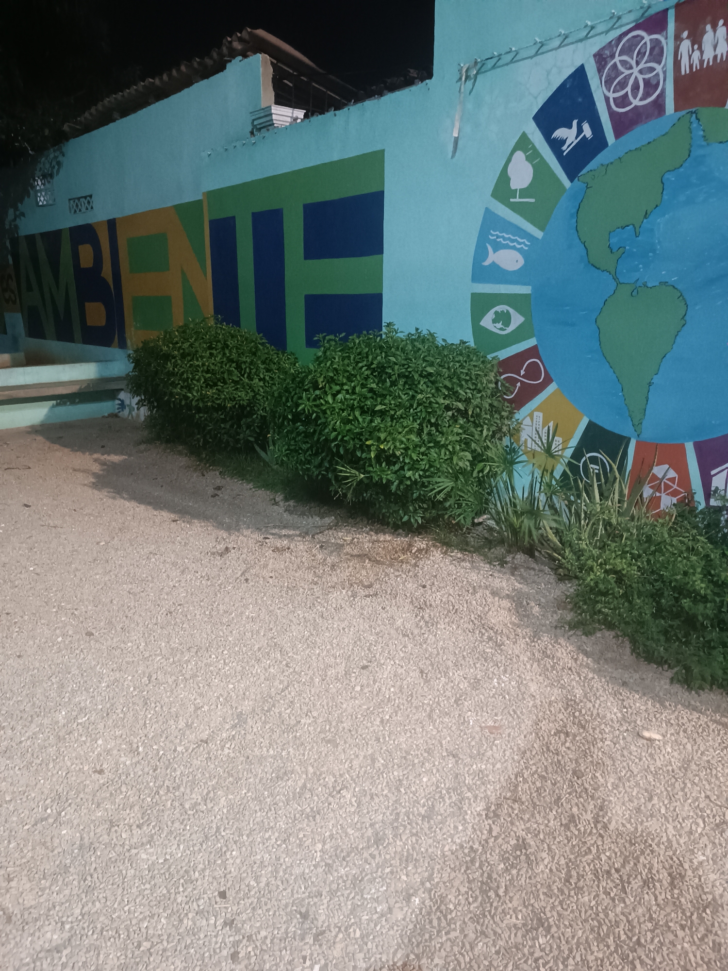 The image shows a building in what is likely Porlamar, Venezuela. A light blue wall is decorated with the word "AMBIENTE" in large, multicolored letters, followed by a painting of the earth surrounded by sustainability icons. In front of the wall, there are neatly trimmed bushes and other plants. The ground is covered in light-colored gravel. The lighting suggests it is either nighttime or a low-light setting. There is no human activity visible.