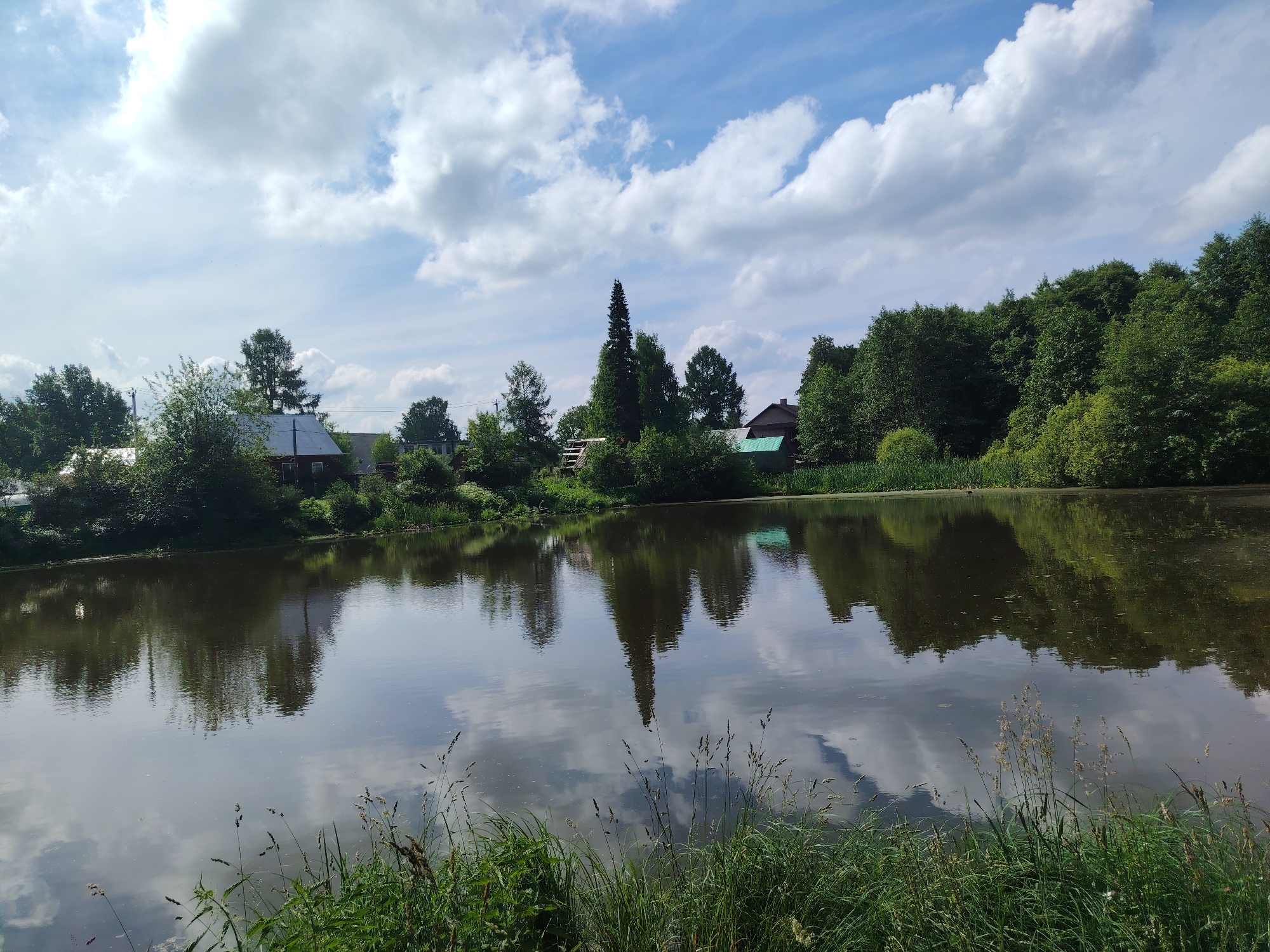 A tranquil, overcast day is depicted at a body of water, possibly a pond or a slow-moving river, in Chaikovsky, Russia. The water is dark and reflective, mirroring the sky and the surrounding lush green trees and vegetation. Several small buildings, possibly houses or cottages, are visible nestled amongst the trees along the far bank of the water. The sky is a mix of blue and white clouds, with sunlight breaking through in some areas, creating bright patches. The foreground is dominated by tall grasses and reeds, adding a natural, untamed feel to the scene. The overall impression is one of peaceful, rural serenity.