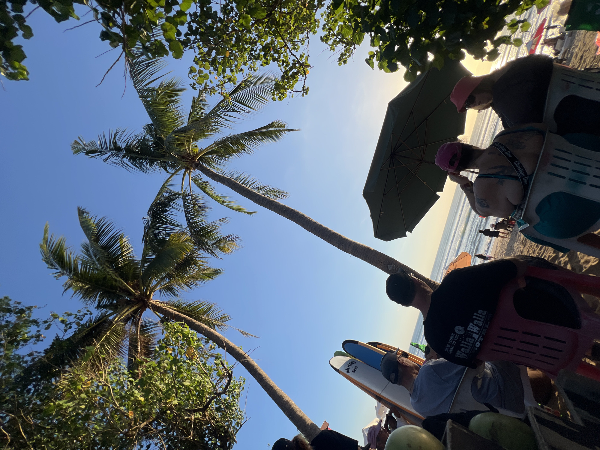 The image depicts a beach scene in Kuta, Indonesia, likely during sunset. In the foreground, several people are seated on chairs facing the ocean. Two palm trees lean into the frame from the left and right, with their fronds creating a canopy effect against the clear blue sky. Surfboards are propped up near some of the seated individuals. A large green umbrella shades some of the people. In the distance, the ocean is visible with gentle waves, and a few people are walking along the shoreline. The overall atmosphere suggests a relaxed, tropical setting.