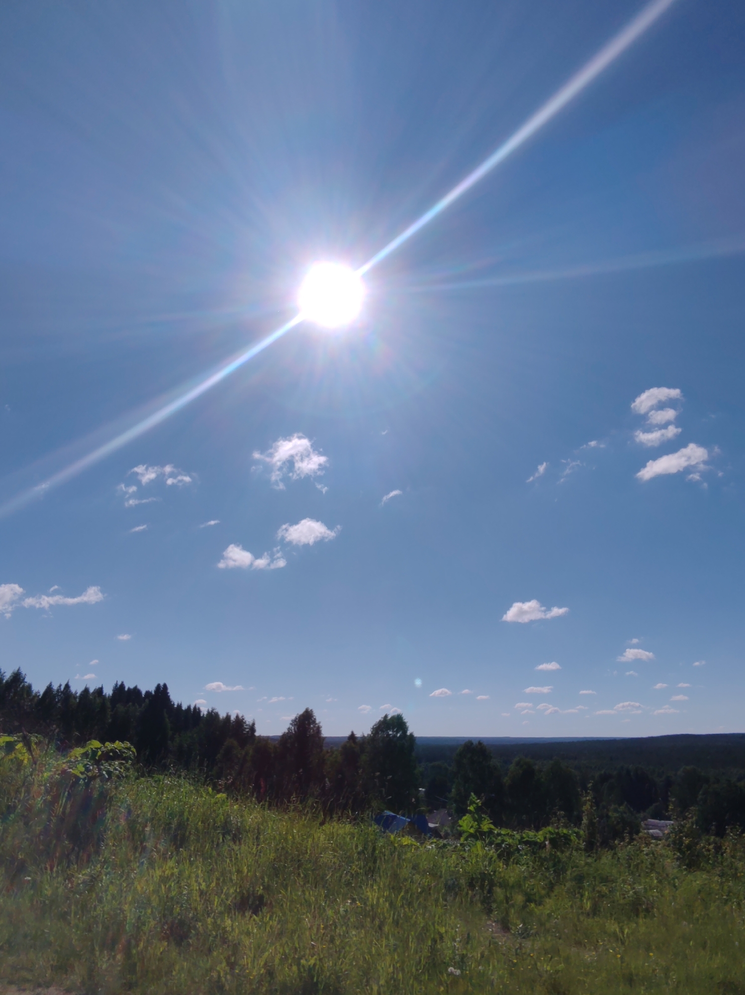 The image captures a bright, sunny day with the sun high in a clear blue sky, casting a strong lens flare diagonally across the frame. Scattered white clouds drift across the sky. In the foreground, a grassy hill slopes downwards, covered in lush green grass and some taller plants. Beyond the hill, a dense forest stretches across the horizon, with dark green trees forming a thick canopy. The overall impression is a natural landscape on a summer day. The specific location of Чухлэм, Russia, is not discernible from the visual content of the image itself. There are no people, animals, or vehicles visible in the frame.