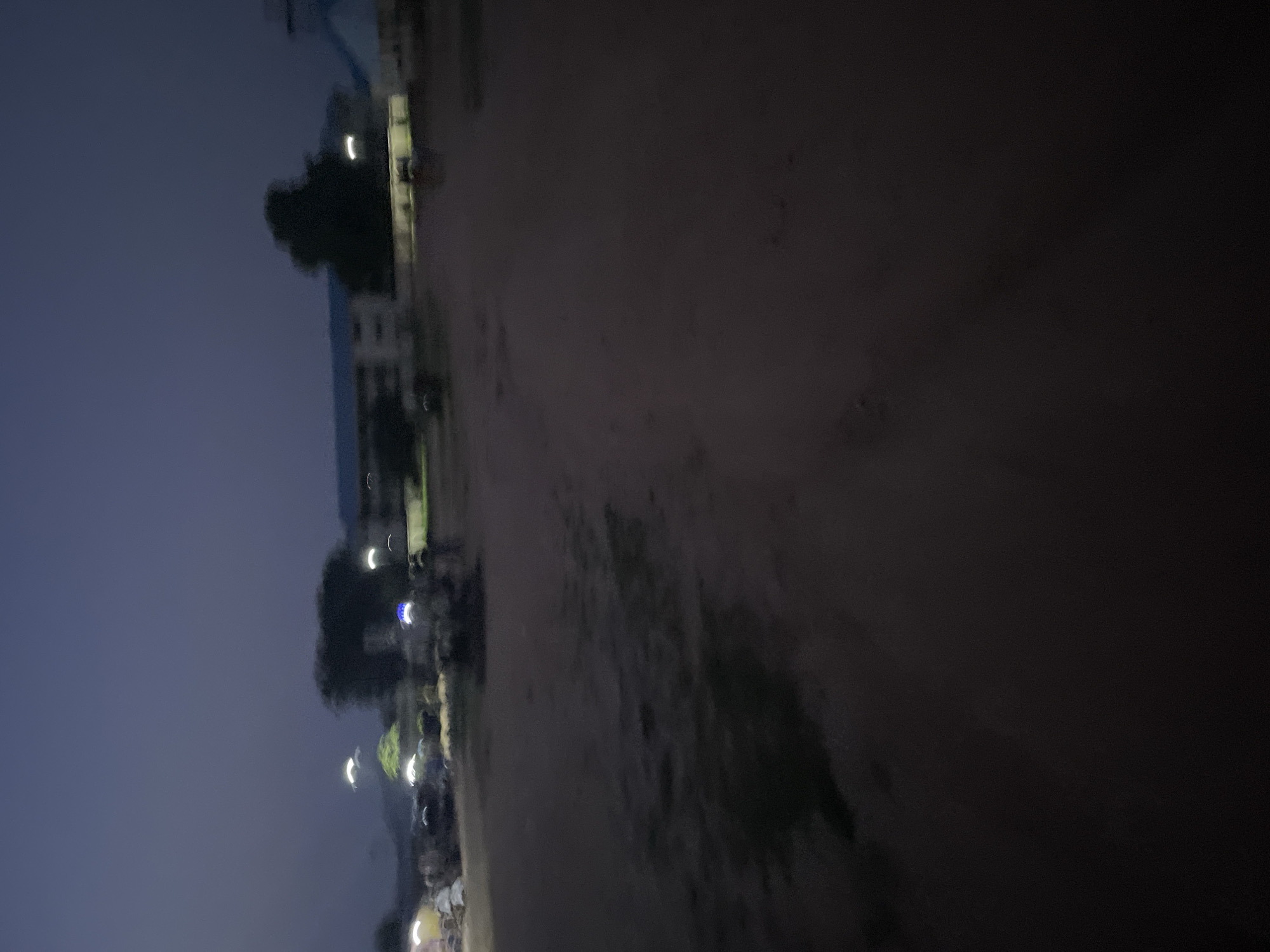 The image depicts an outdoor scene at dusk or dawn. The foreground is dominated by a dark, sandy or dirt surface. In the middle ground, there are several blurred objects and structures, including what appear to be trees and buildings. Some lights are visible, some appearing as bright, blurred streaks and others as more defined, illuminated areas. The sky is a deep, dusky blue, with no discernible features. The overall impression is of a somewhat undeveloped or sparsely populated area, possibly on the outskirts of a town or city, given the presence of buildings and lights. The lack of sharp detail and the overall blurriness suggest that the photograph may have been taken with a moving camera or in low light conditions.