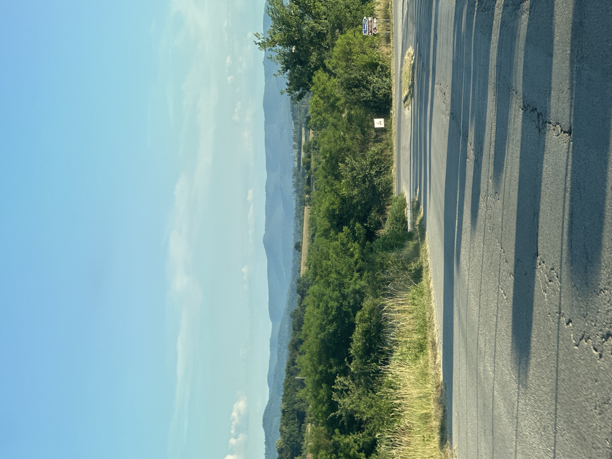This is a landscape image taken from a moving vehicle, likely a car, looking out at a rural scene. The photograph is oriented vertically, with the road and its shadow-lined surface occupying the right side of the frame. The road appears to be asphalt and shows some signs of wear and cracking. To the left of the road, there is a grassy verge with tall dry grass. Further to the left, a dense line of green trees and vegetation runs parallel to the road, creating a natural border.
Beyond the immediate roadside foliage, a layered panorama of mountains stretches into the distance. These mountains appear hazy and are a muted blue-grey, suggesting they are far away. The sky above is a clear, bright blue with a few wispy white clouds, particularly on the right side of the frame. The sunlight casts long, distinct shadows across the road from an unseen object to the left, indicating that the sun is relatively low in the sky, suggesting either early morning or late afternoon.
There are a couple of signs visible near the road and amongst the trees. One signpost on the right side of the road displays multiple directional arrows with text, though the text is too small and blurry to be legible. Below this, a smaller white sign with a black symbol, possibly a number or an icon, is also present.
The overall impression is one of a peaceful, natural landscape on a sunny day, possibly in a rural area of Prisovo, Bulgaria, as indicated by the location context. The composition, with the road leading the eye into the distance towards the mountains, creates a sense of journey and open space.