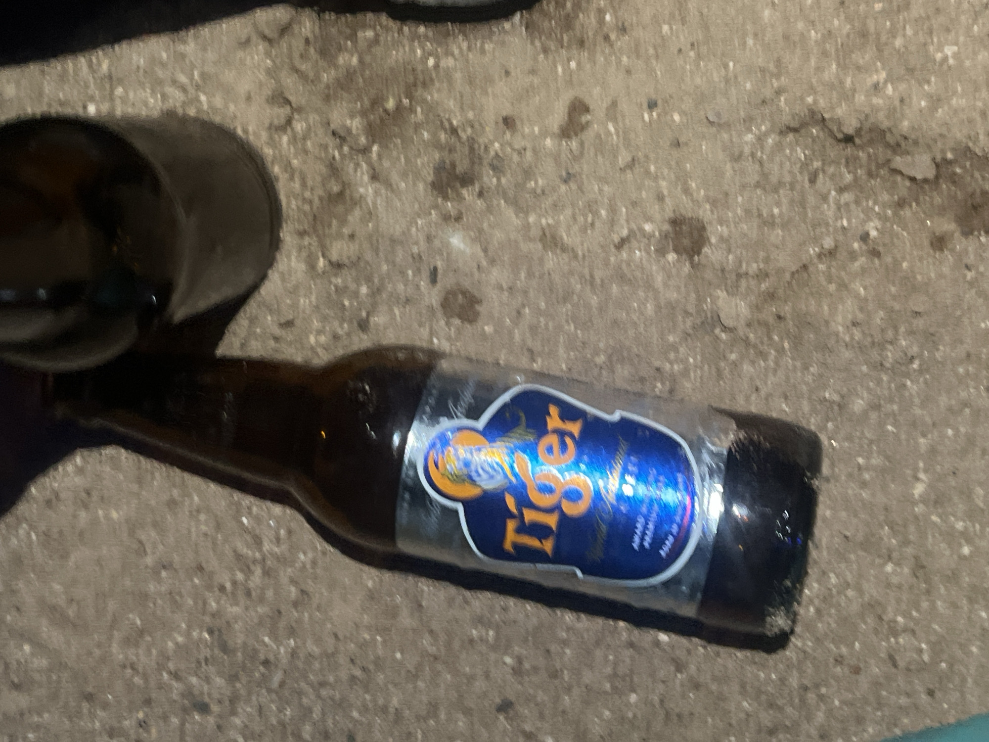 A partially filled, brown glass beer bottle with a "Tiger" brand label lies on a rough, possibly concrete, surface. A portion of another bottle is visible on the upper left of the frame. The location cannot be confirmed to be Jalingo, Nigeria from visual data. No people or actions are visible in the image.