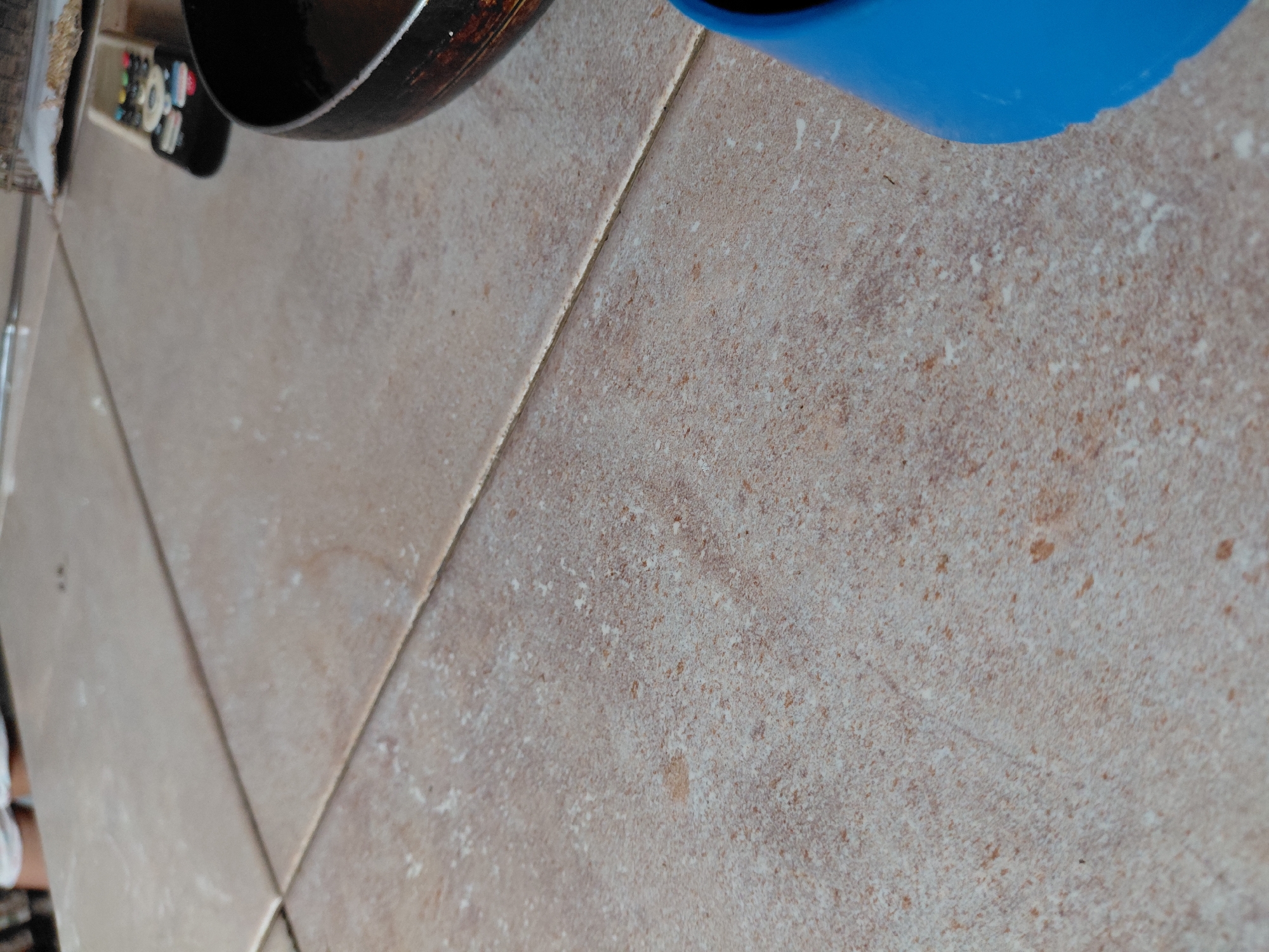 This close-up image, originally oriented vertically, depicts a light-colored tiled floor in what appears to be a domestic setting. The tiles are a beige or light brown hue with a speckled, textured surface, featuring small white and reddish-brown flecks. Prominent grout lines, slightly lighter than the tiles, divide them into geometric patterns, including a diagonal line running across the frame and other intersecting lines forming triangles.
Several objects are partially visible on the floor. In the upper left, the dark, curved rim and interior of a black frying pan or pot can be seen. Next to it, a remote control with multiple colorful buttons (red, green, blue, yellow, white) lies on the floor. In the upper right corner, a vibrant blue object, possibly a plastic cup or container, is partially in view. Below it, a tiny, dark speck resembling an ant is visible on the tile.
A fine, white powdery substance is scattered across the tile surfaces, particularly noticeable on the right side of the image, suggesting a spill or dust. In the lower-left corner, a blurred, out-of-focus element might be part of a person's leg or some fabric.
The image captures a snapshot of an everyday environment, likely a kitchen or living area where items have been placed on the floor. There are no clear indications of time of day, weather, or specific emotions. While the location context is Santa Ana, Venezuela, the visual cues within the image itself do not confirm this. No visible text is present.