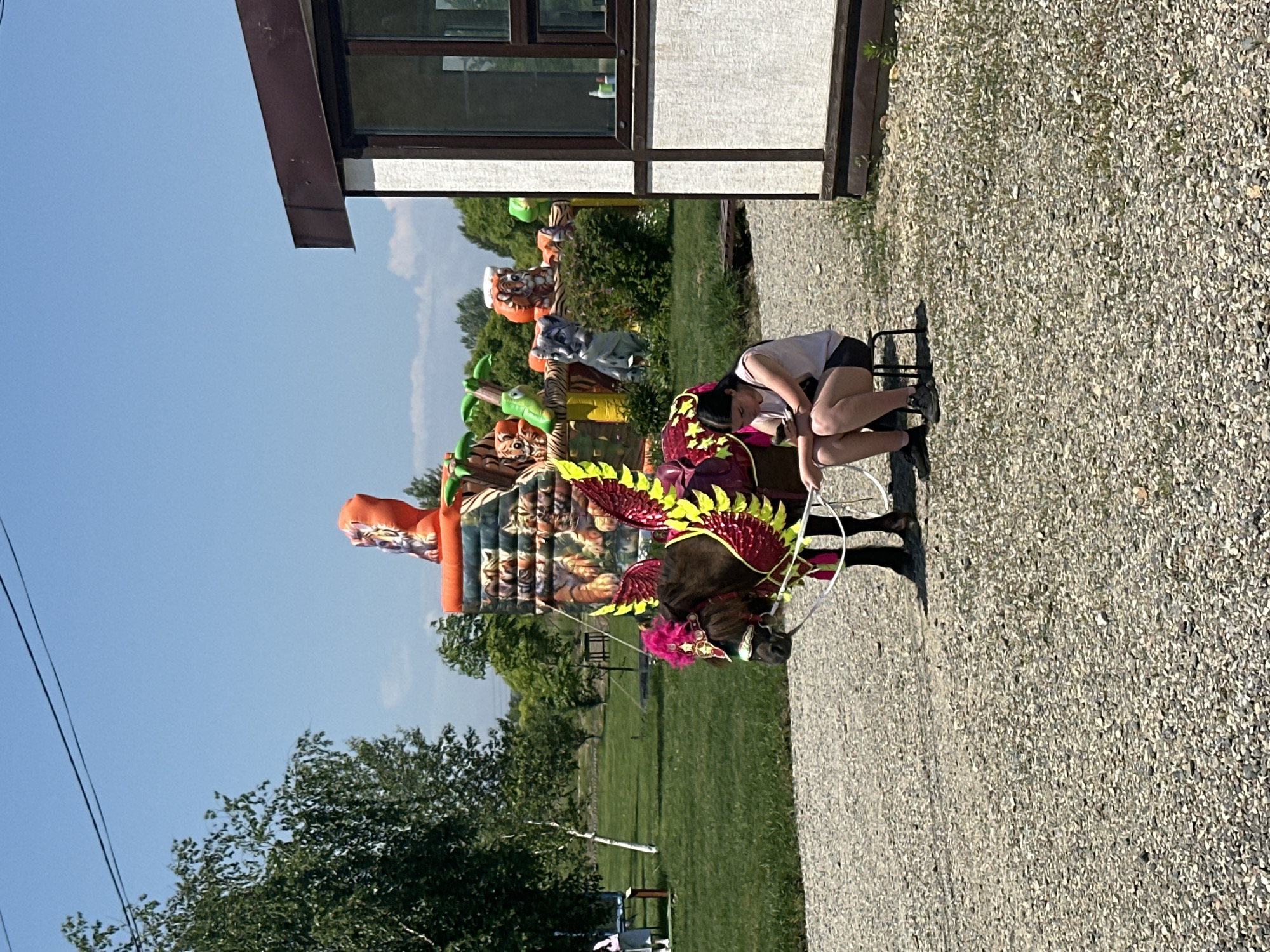 In Ussurijsk, Russia, a brown pony adorned with bright red and yellow wings and a pink headdress stands on a gravel path, held by reins. A young woman with dark hair, wearing a white tank top and black shorts, sits on a small stool, looking at her phone. Behind them, an inflatable castle with jungle-themed characters is visible. To the right, part of a building with a brown trim and white siding is present. The scene is set outdoors under a clear blue sky with some trees in the background.