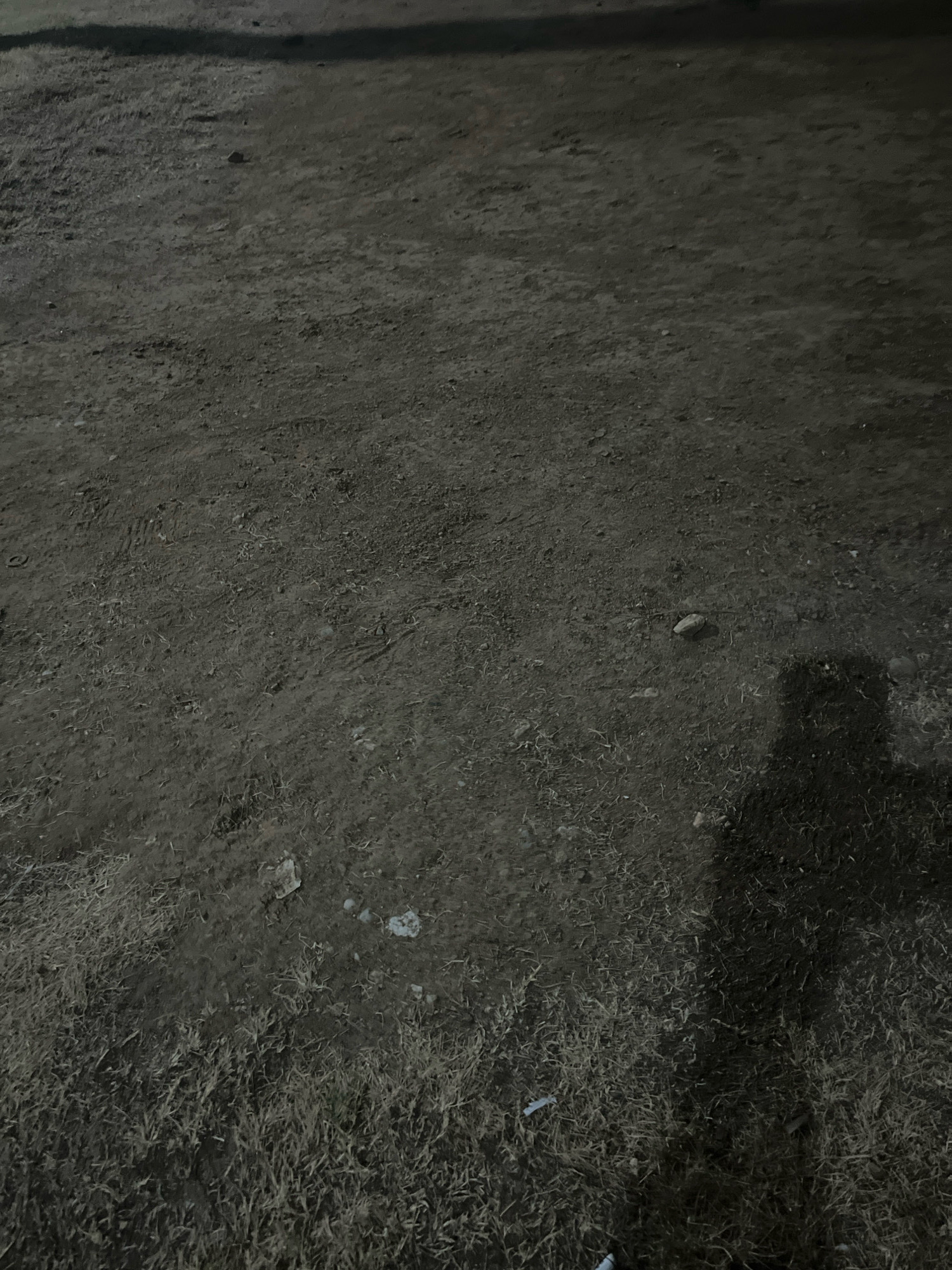 The image depicts a ground-level view of a dirt and patchy grass area, likely a public space in Kebumen, Indonesia. The lighting suggests it is nighttime, with a shadow of a person clearly visible on the right side of the frame, indicating human presence. The ground is uneven and appears to be a mix of dry soil, small stones, and sparse, dry vegetation. There are no other discernible objects or specific landmarks that would pinpoint a precise location within Kebumen.