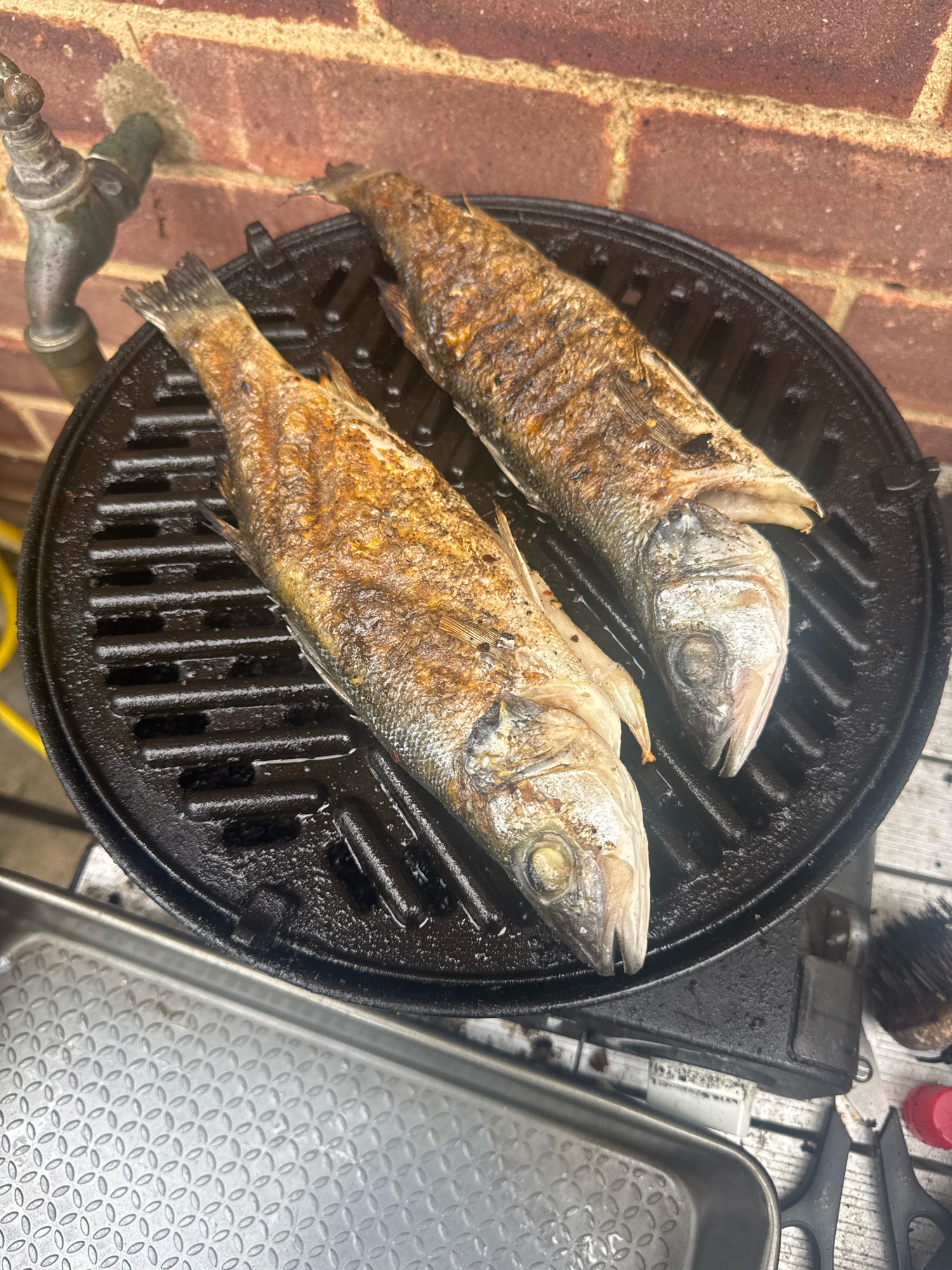 Two whole grilled fish are arranged on a round black cast iron grill. The fish appear to be sea bass, with scales visible and grill marks on their skin. They are oriented head-to-tail, with one fish positioned in the upper right of the grill and the other in the lower left. The grill is situated outdoors, with a brick wall in the background and a wooden surface below. A metal spigot is visible on the left side of the image, attached to the brick wall. A metal pan with a textured pattern is placed in the foreground, to the left of the grill. Other objects, including a brush and a red lid, are visible on the wooden surface to the right of the grill. The scene depicts outdoor cooking, likely in a residential setting. The prompt requests details about the city of Ipswich, United Kingdom, but there are no visual cues in the image to confirm this location.