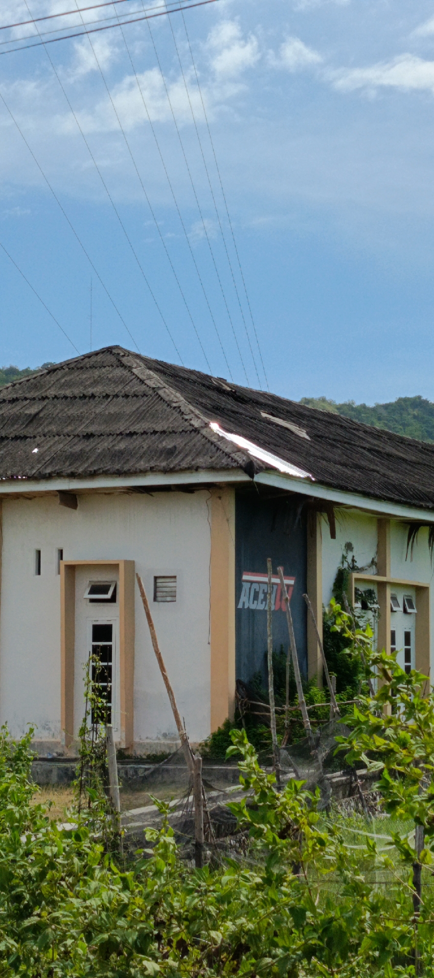 The image depicts a building with a corrugated roof, showing signs of wear and tear. The building has a light-colored facade with some orange trim around windows and doorways. A large black tarp with a white and red logo, partially obscured, is affixed to one side of the building. Several wooden poles are positioned in front of the building. Dense green foliage is present in the foreground, with a fence constructed of netting and wooden posts separating the vegetation from the building. In the background, a lush, green hillside is visible under a clear blue sky with some scattered clouds. Power lines stretch across the upper portion of the image. The scene appears to be in an outdoor, possibly rural or semi-rural, environment. Based on information from previous analyses, this image is of the ACE hardware store in Geundring, Indonesia.
